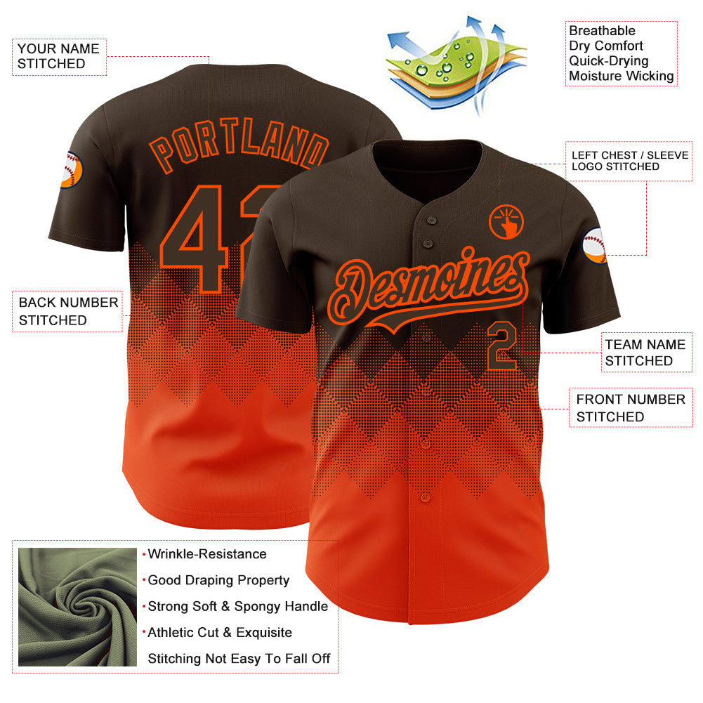 Custom Brown Orange 3D Pattern Design Gradient Square Shapes Authentic Baseball Jersey view 3