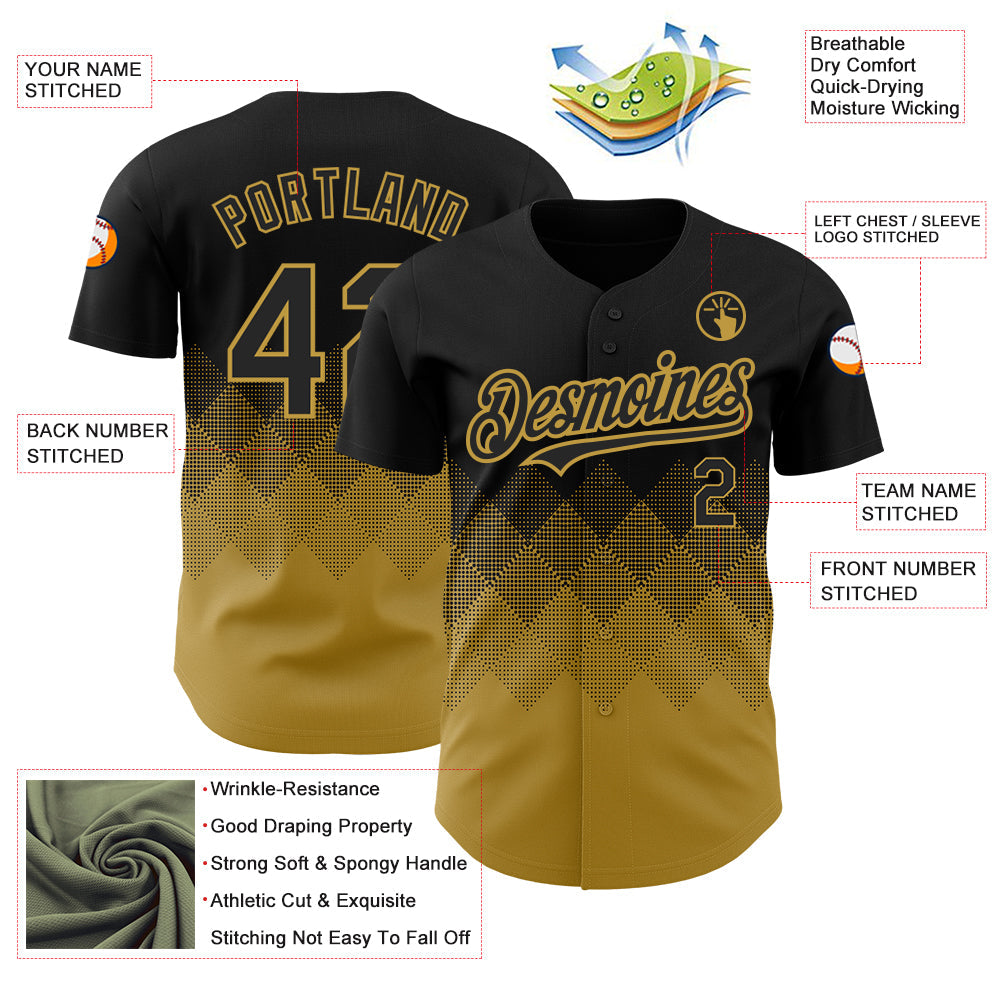 Custom Black Old Gold 3D Pattern Design Gradient Square Shapes Authentic Baseball Jersey view 3
