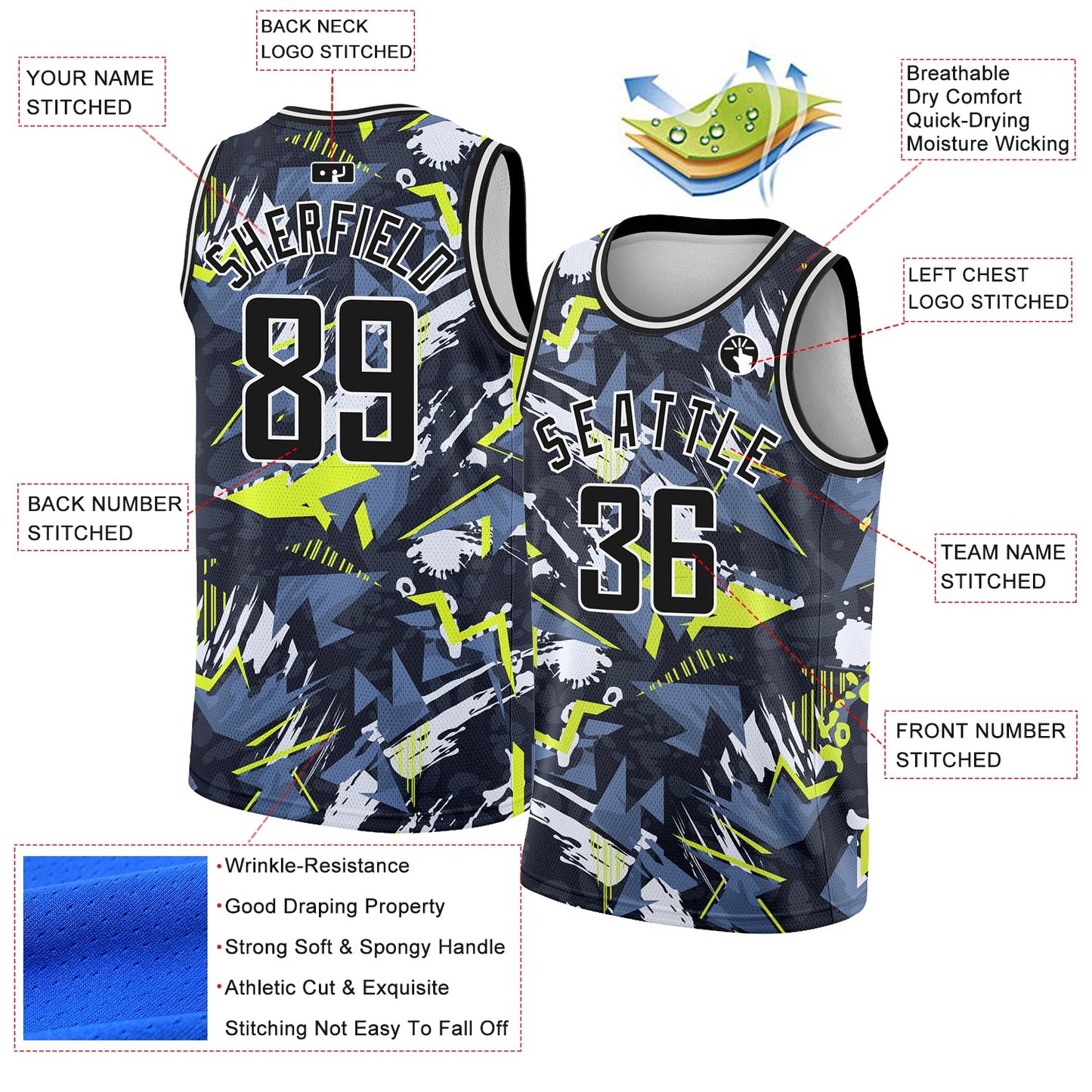 Custom Black White 3D Pattern Design Abstract Grunge Art Authentic Basketball Jersey view 2