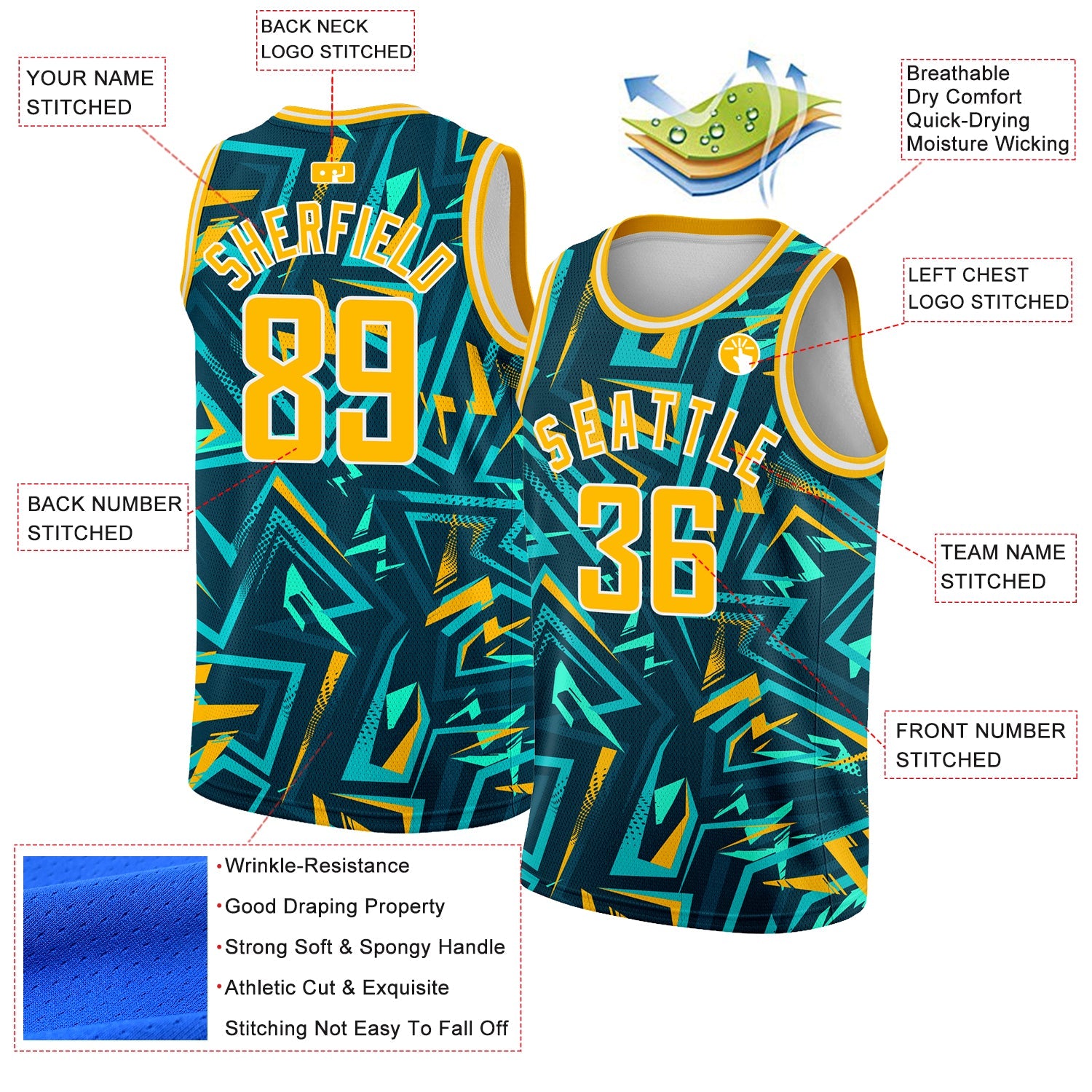 Custom Green Gold-White 3D Pattern Design Abstract Grunge Art Authentic Basketball Jersey view 2