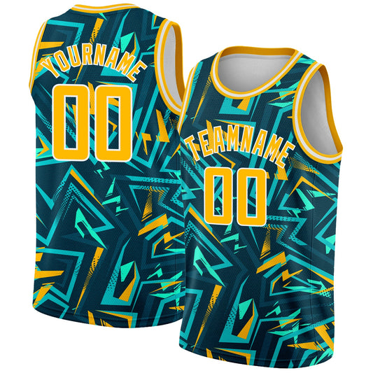 Custom Green Gold-White 3D Pattern Design Abstract Grunge Art Authentic Basketball Jersey - Main View