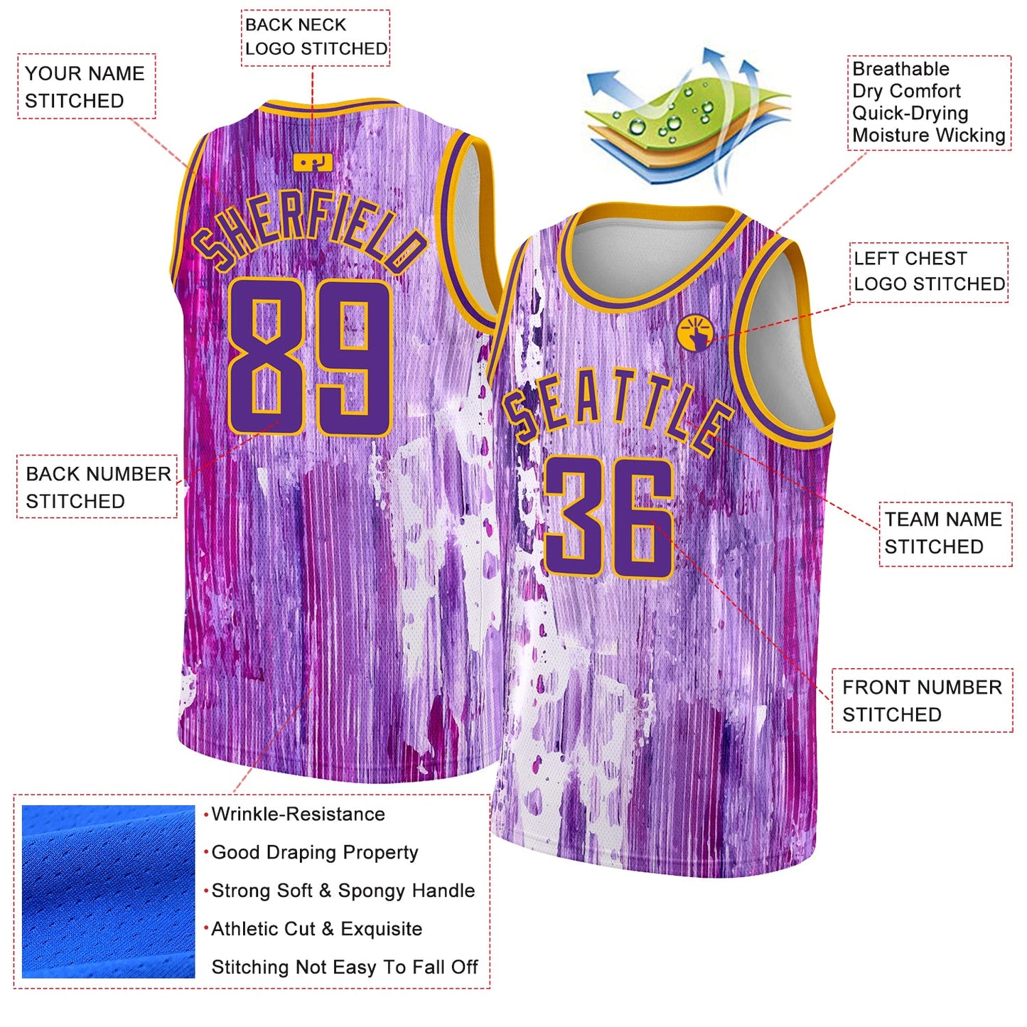 Custom Purple Gold 3D Pattern Design Abstract Liquid Watercolor Style Authentic Basketball Jersey view 2