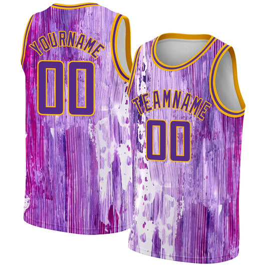Custom Purple Gold 3D Pattern Design Abstract Liquid Watercolor Style Authentic Basketball Jersey - Main View
