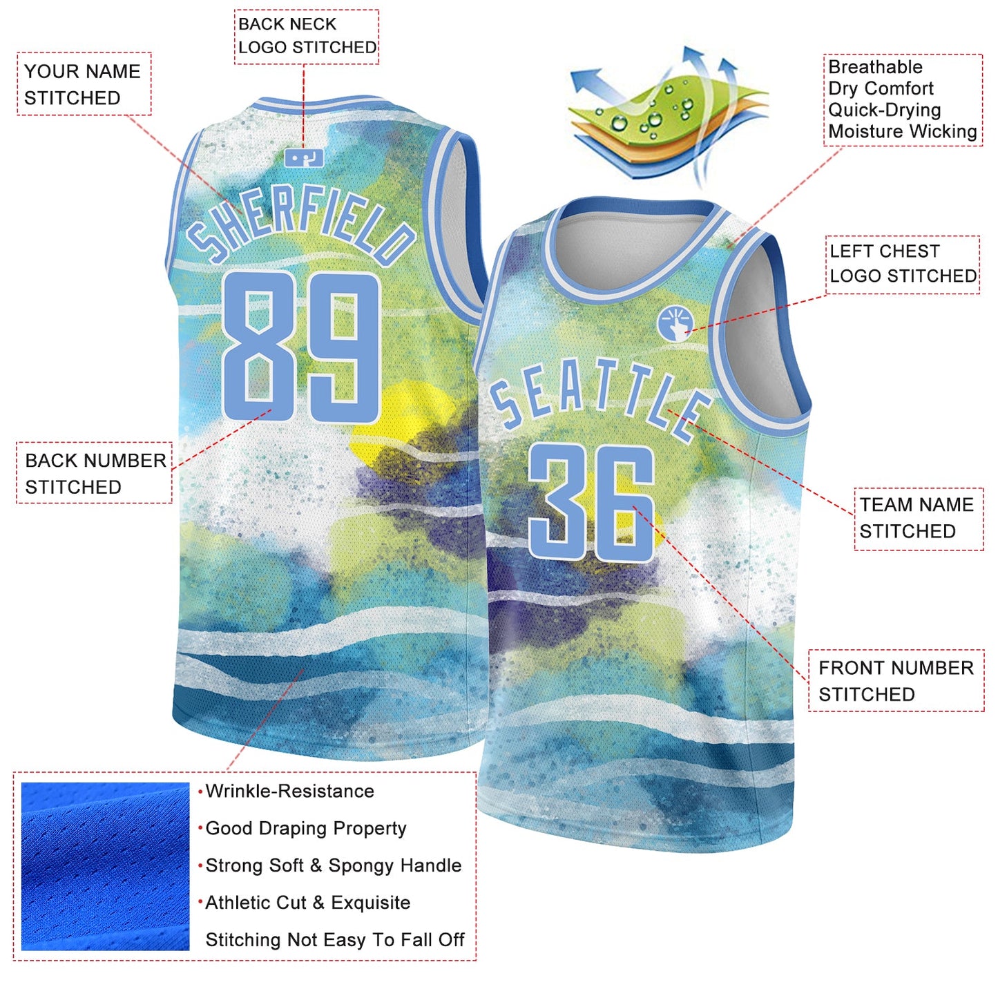 Custom White Light Blue 3D Pattern Design Abstract Landscape Watercolor Style Authentic Basketball Jersey view 2