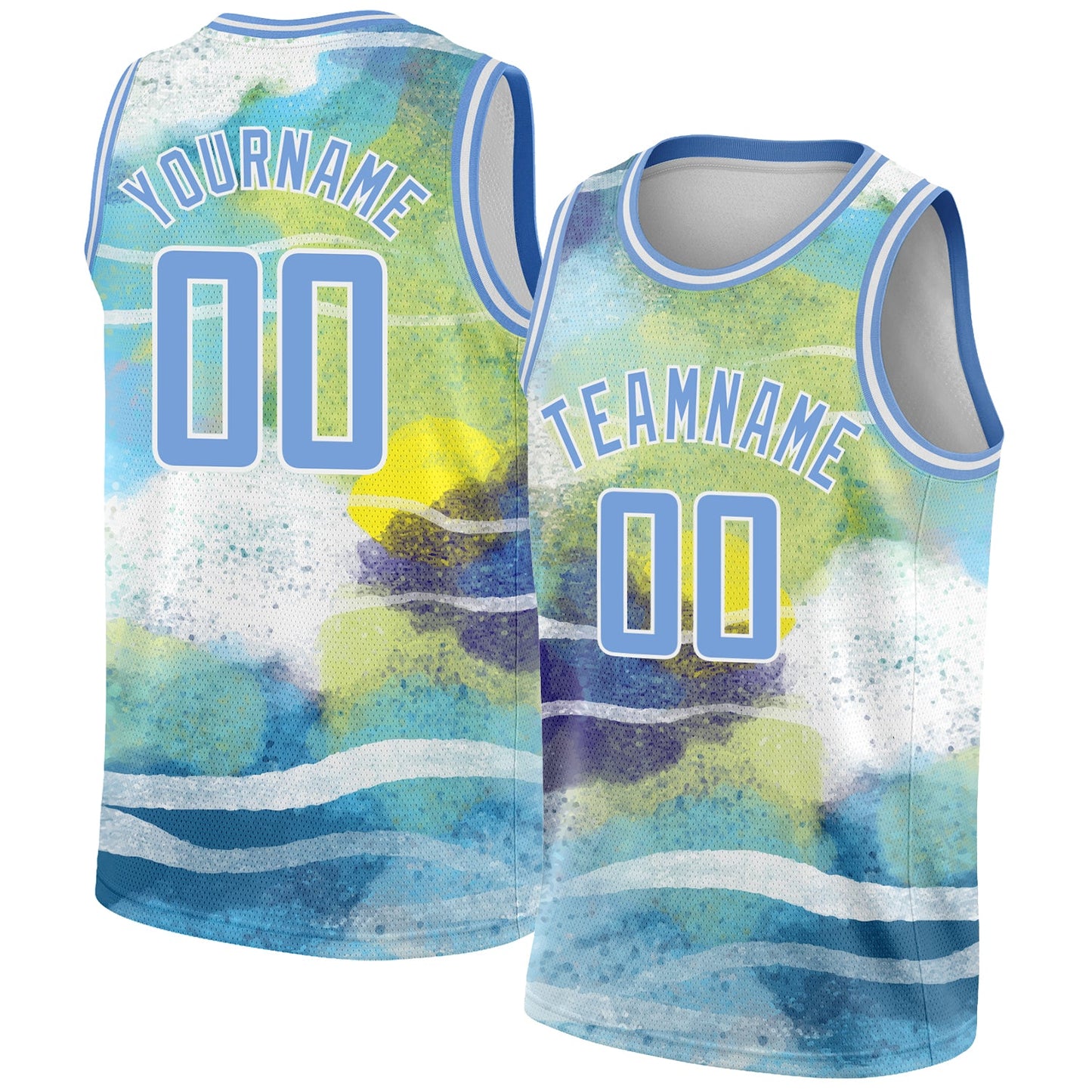 Custom White Light Blue 3D Pattern Design Abstract Landscape Watercolor Style Authentic Basketball Jersey - Main View