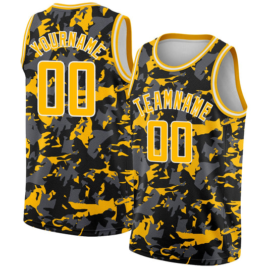 Custom Black Gold-White 3D Pattern Design Abstract Grunge Art Authentic Basketball Jersey - Main View