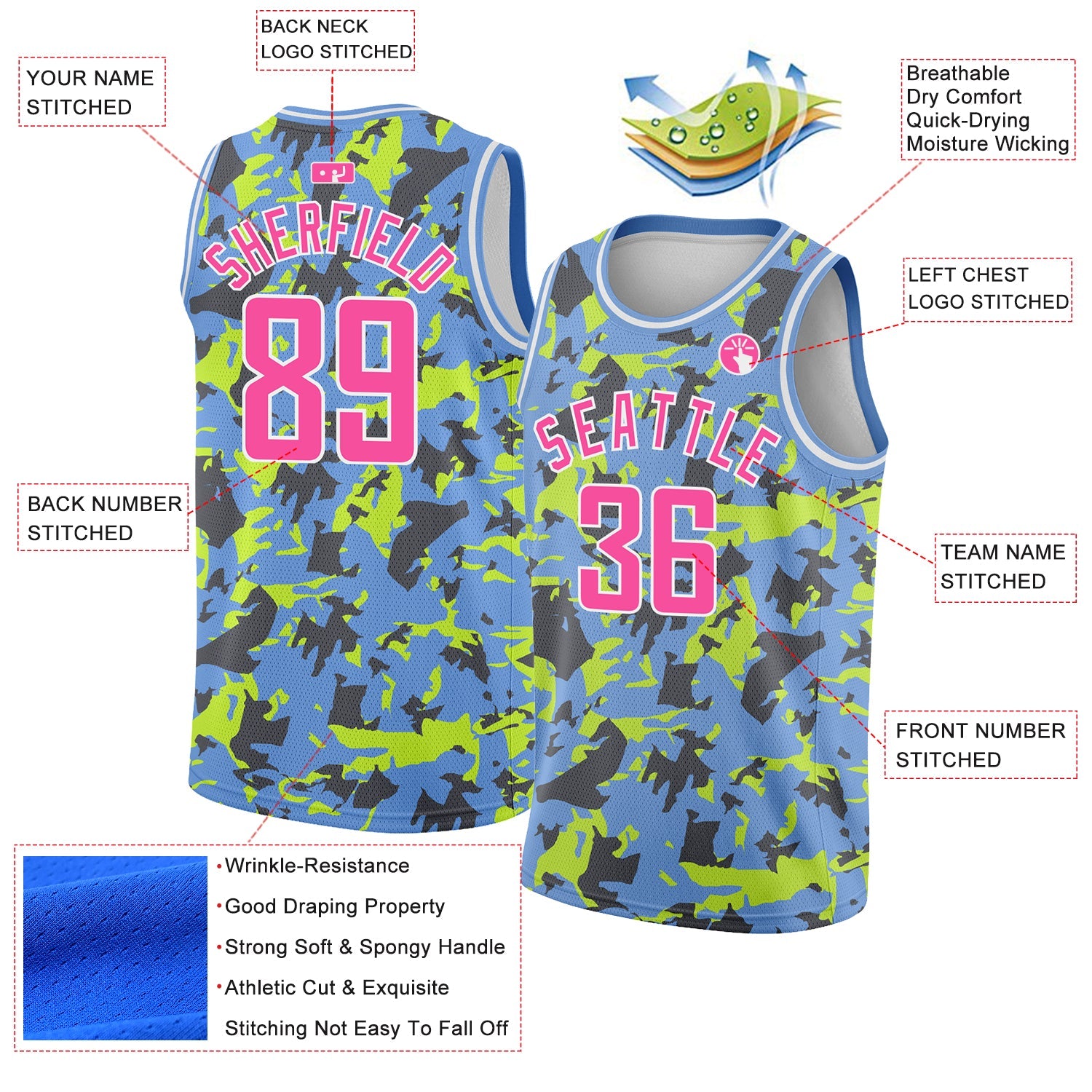 Custom Light Blue Pink-White 3D Pattern Design Abstract Grunge Art Authentic Basketball Jersey view 2