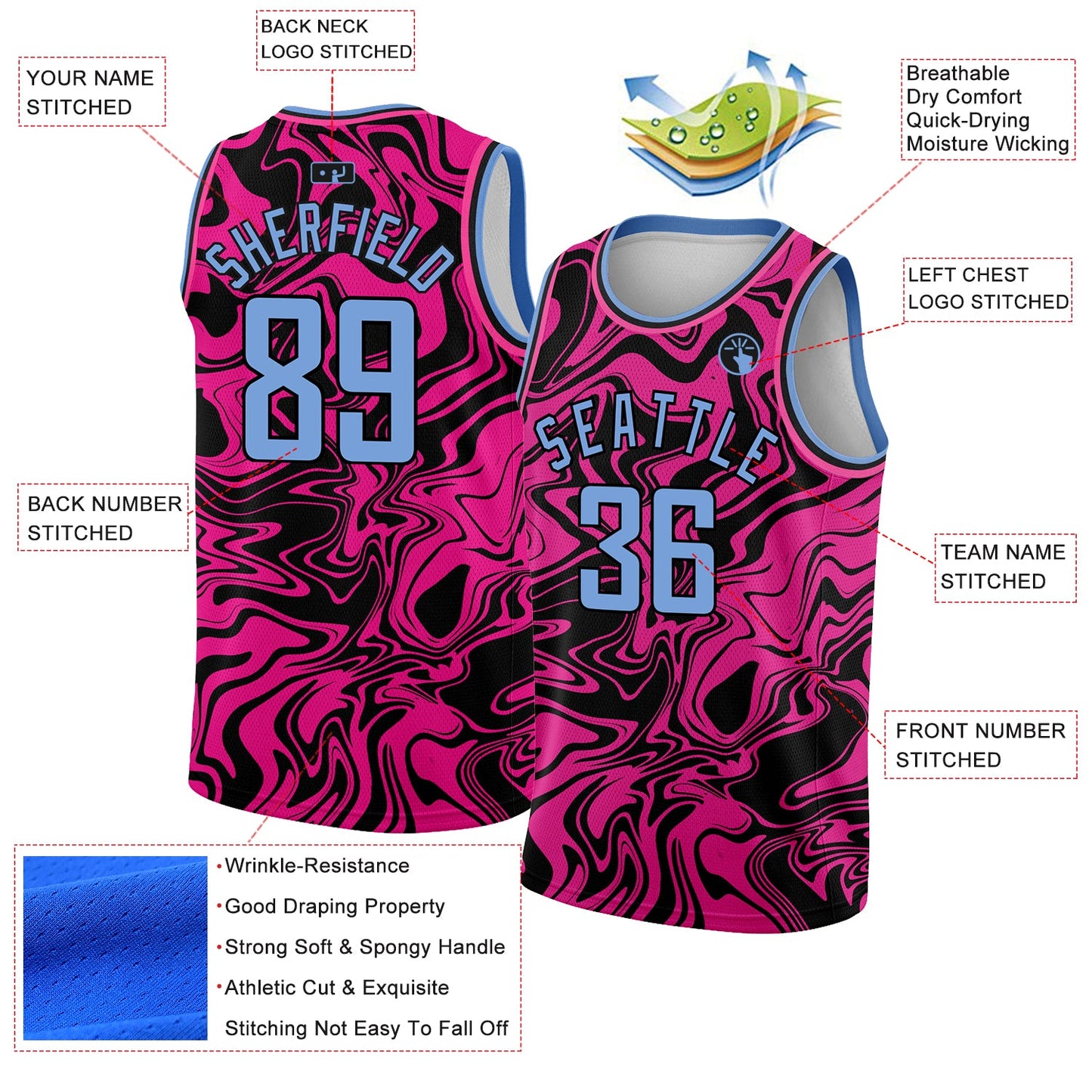 Custom Pink Light Blue-Black 3D Pattern Design Abstract Psychedelic Liquid Wave Authentic Basketball Jersey view 2
