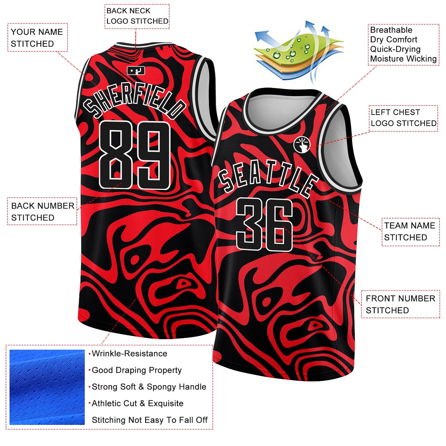Custom Red Black-White 3D Pattern Design Abstract Psychedelic Liquid Wave Authentic Basketball Jersey view 2