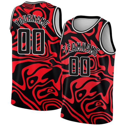 Custom Red Black-White 3D Pattern Design Abstract Psychedelic Liquid Wave Authentic Basketball Jersey - Main View