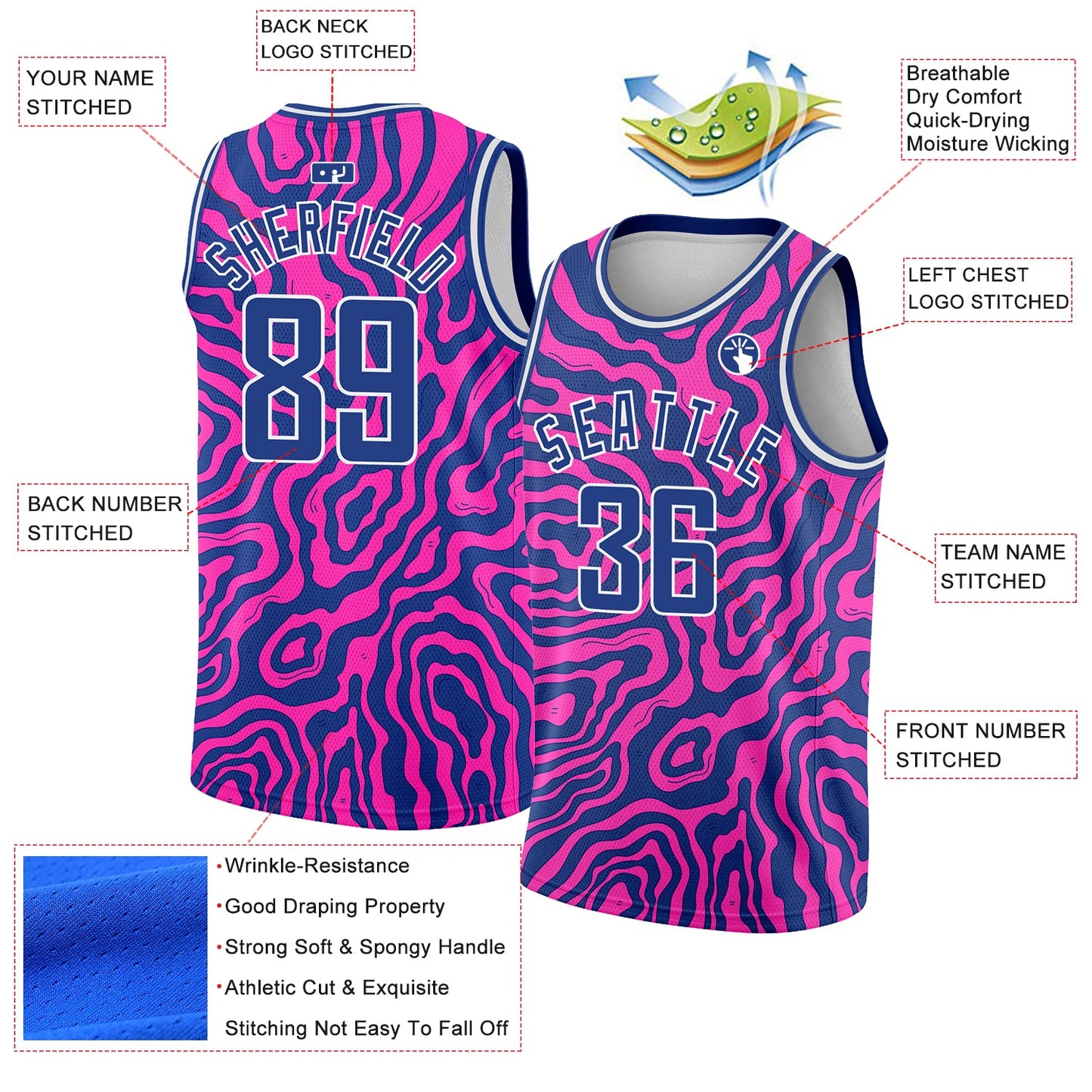 Custom Deep Pink Royal-White 3D Pattern Design Abstract Psychedelic Liquid Wave Authentic Basketball Jersey view 2