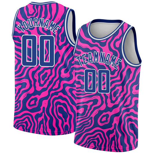 Custom Deep Pink Royal-White 3D Pattern Design Abstract Psychedelic Liquid Wave Authentic Basketball Jersey - Main View