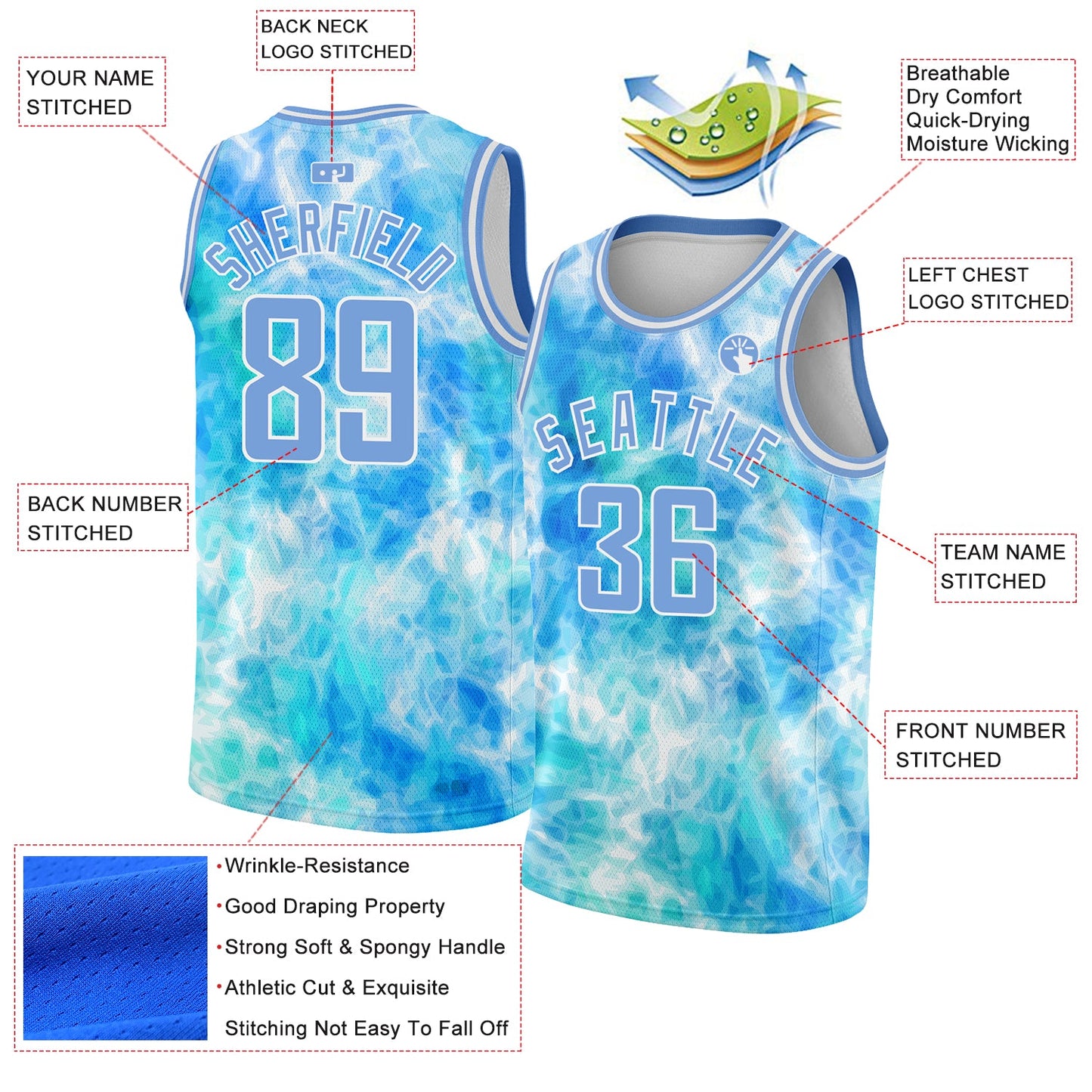 Custom Tie Dye Light Blue-White 3D Authentic Basketball Jersey view 2