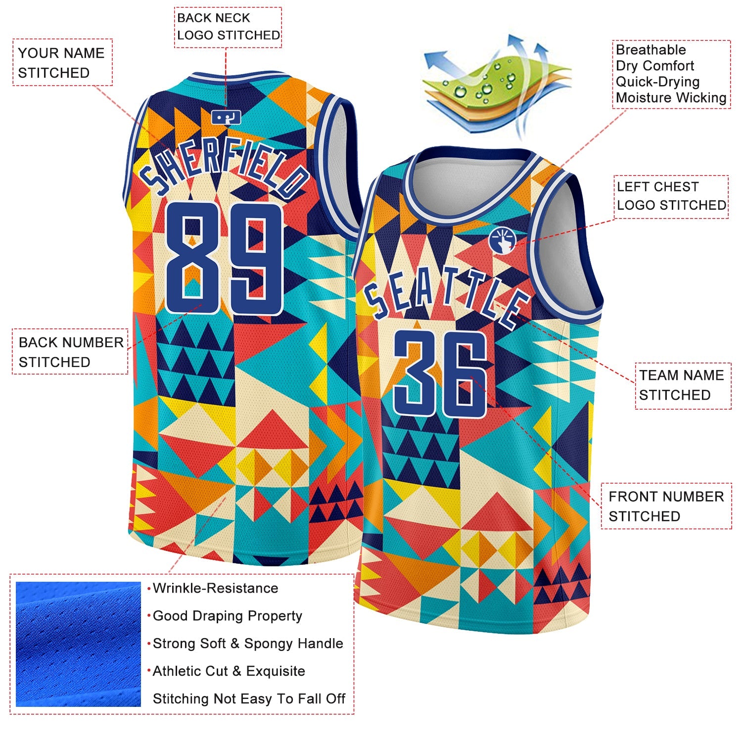 Custom Aqua Royal-White 3D Pattern Design Geometric Shapes Authentic Basketball Jersey view 2