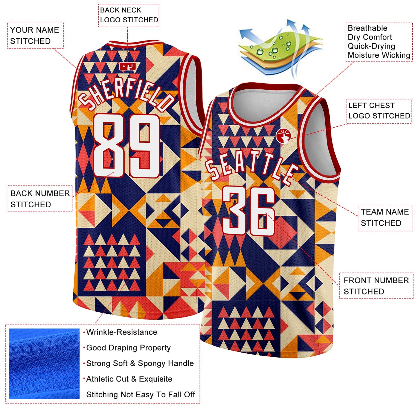 Custom Navy White-Red 3D Pattern Design Geometric Shapes Authentic Basketball Jersey view 2