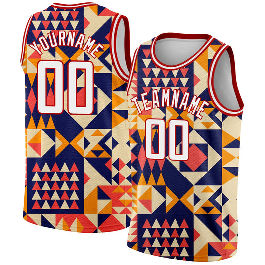 Custom Navy White-Red 3D Pattern Design Geometric Shapes Authentic Basketball Jersey - Main View
