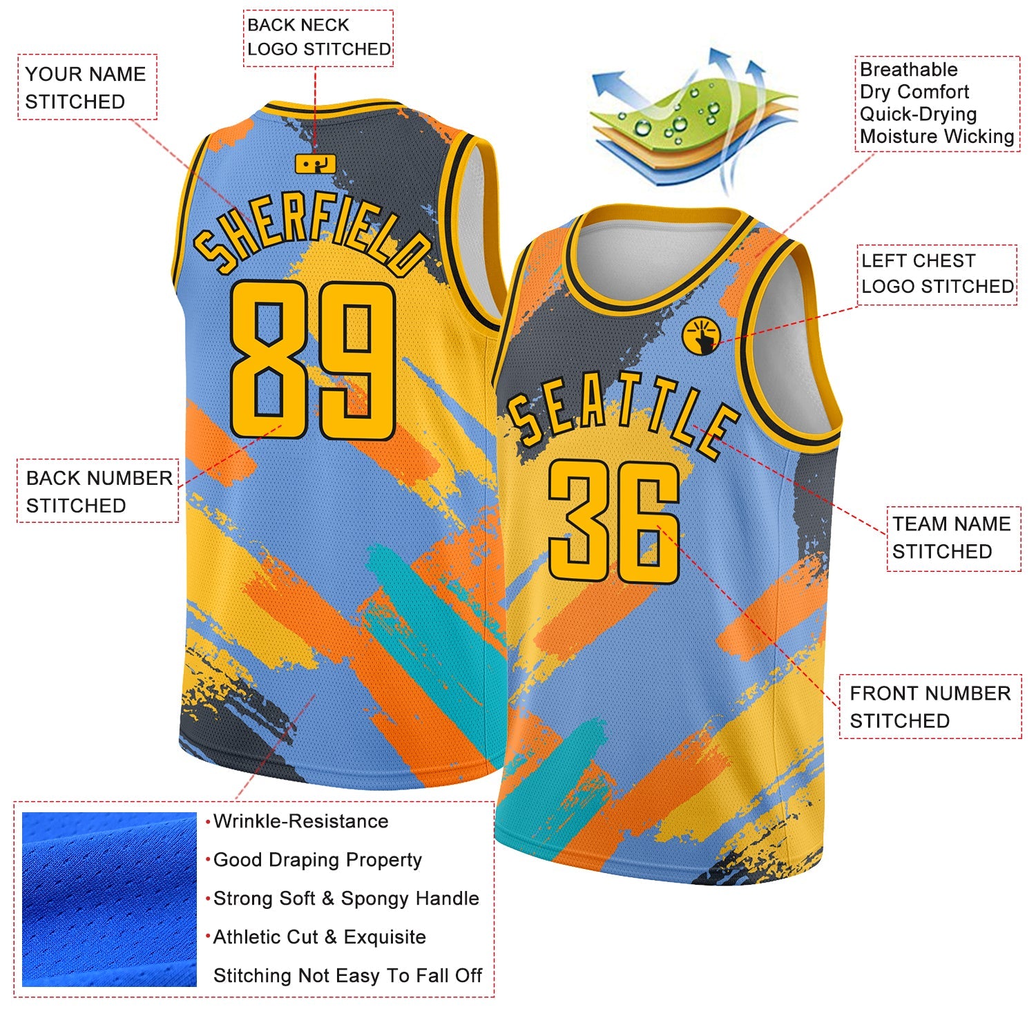 Custom Light Blue Gold-Black 3D Pattern Design Abstract Brush Stroke Shapes Authentic Basketball Jersey view 2
