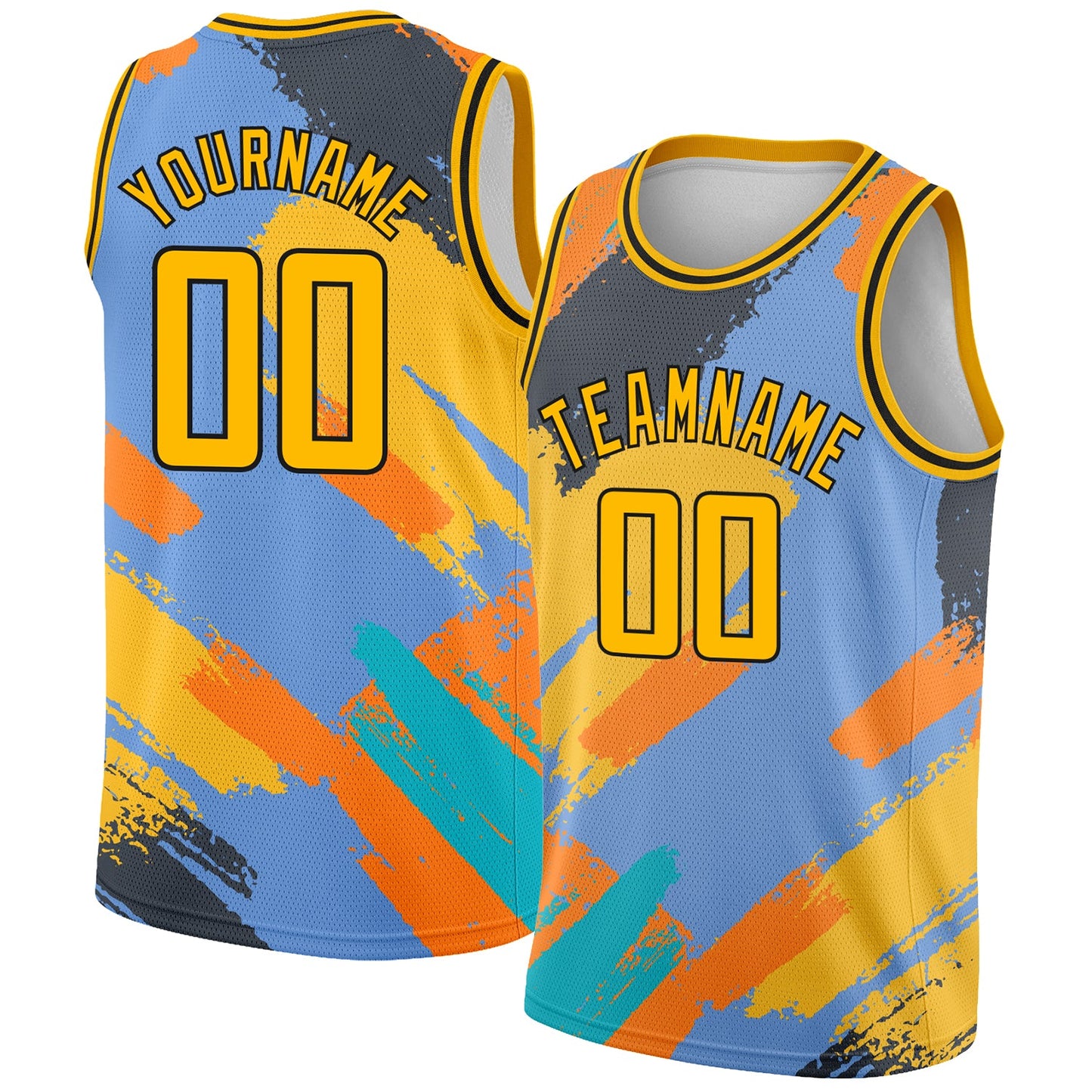 Custom Light Blue Gold-Black 3D Pattern Design Abstract Brush Stroke Shapes Authentic Basketball Jersey - Main View