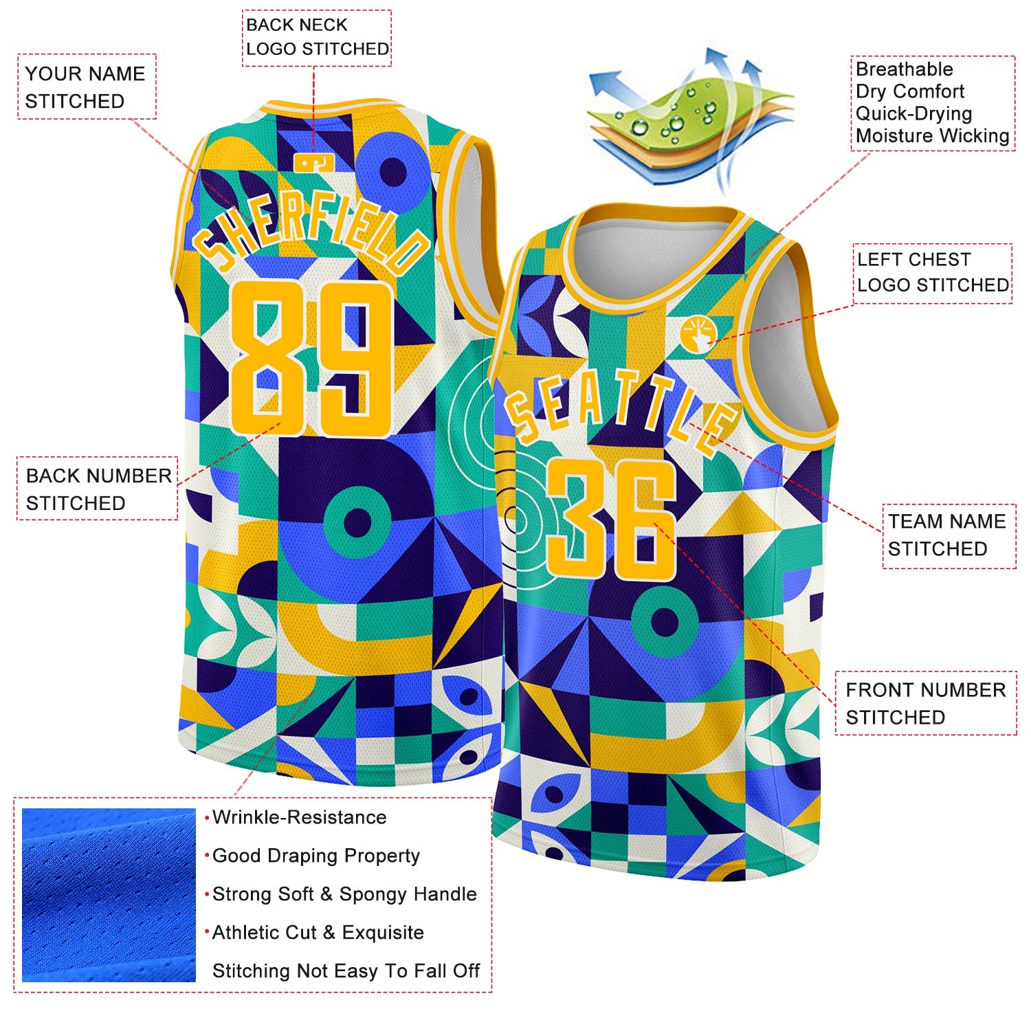 Custom Royal Gold-White 3D Pattern Design Abstract Geometric Shapes Authentic Basketball Jersey view 2