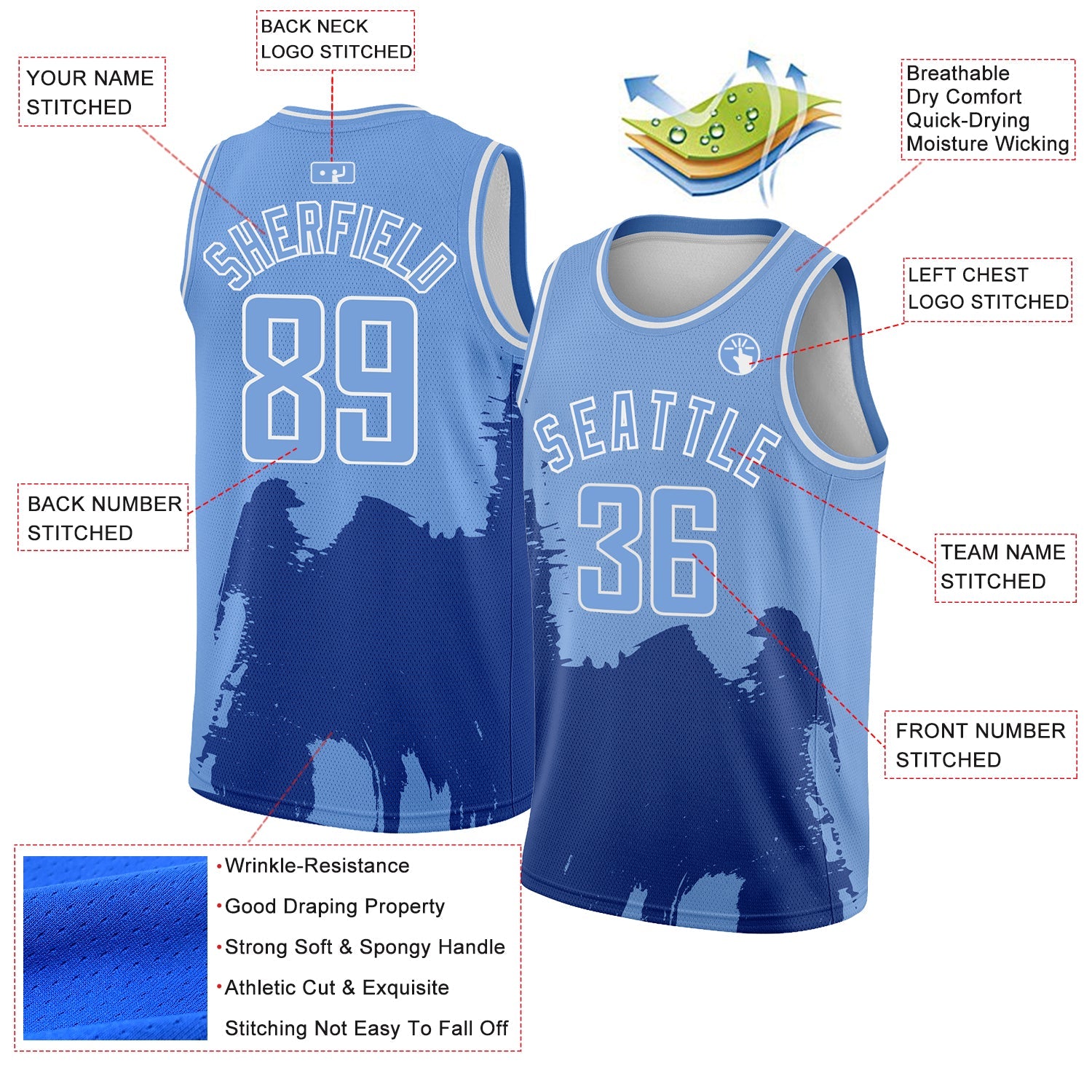 Custom Light Blue White 3D Pattern Design Abstract Grunge Halftone Art Authentic Basketball Jersey view 2