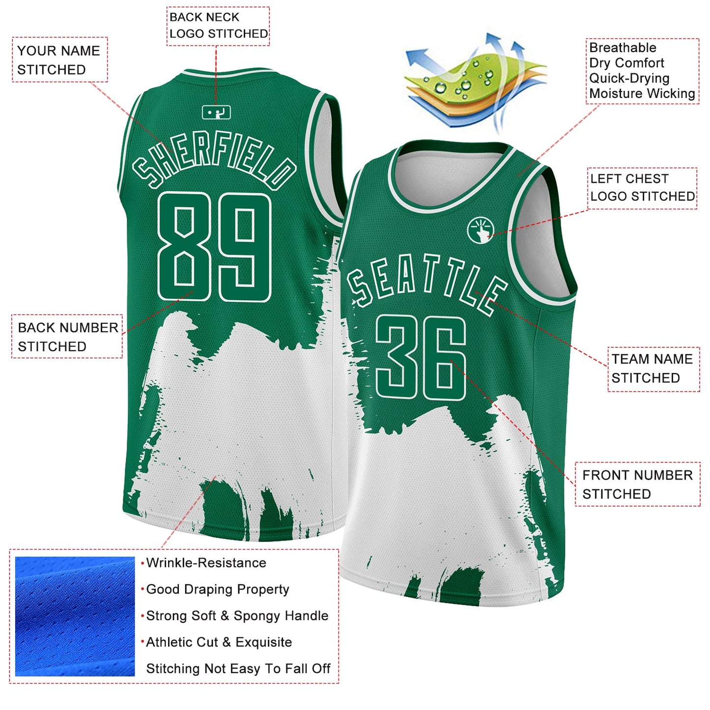 Custom Kelly Green White 3D Pattern Design Abstract Grunge Halftone Art Authentic Basketball Jersey view 2