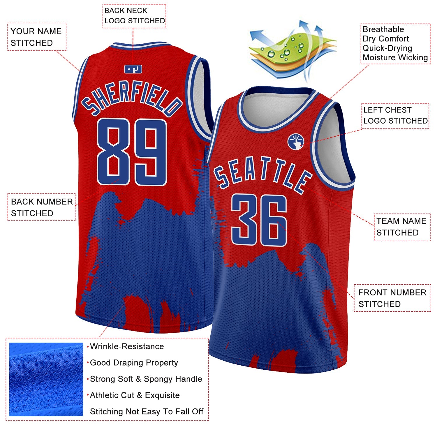 Custom Red Royal-White 3D Pattern Design Abstract Grunge Halftone Art Authentic Basketball Jersey view 2