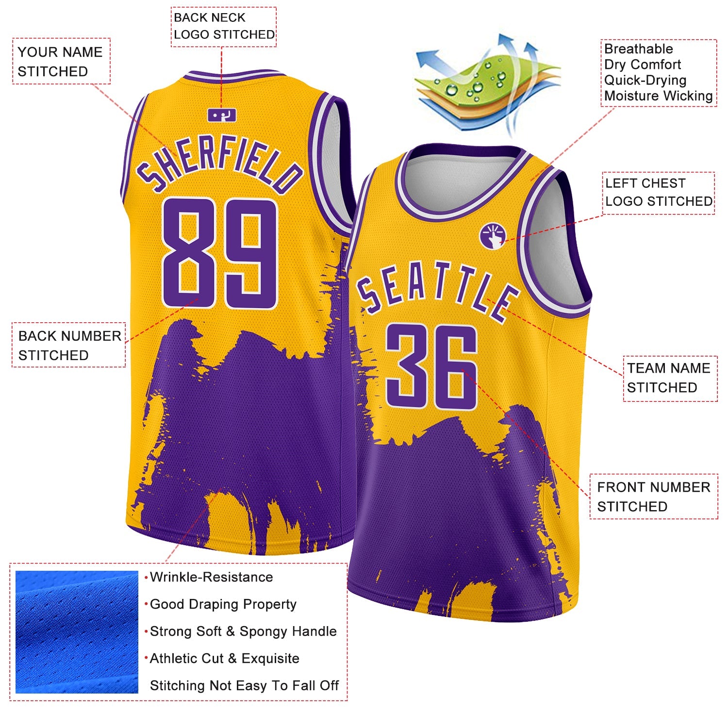 Custom Gold Purple-White 3D Pattern Design Abstract Grunge Halftone Art Authentic Basketball Jersey view 2