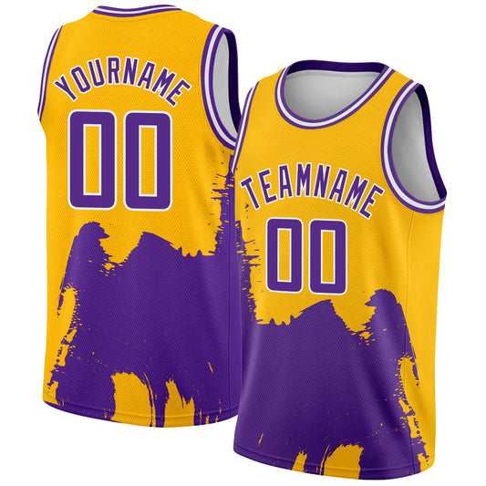 Custom Gold Purple-White 3D Pattern Design Abstract Grunge Halftone Art Authentic Basketball Jersey - Main View