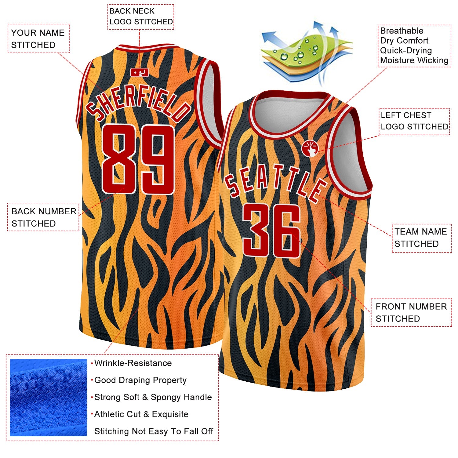 Custom Gold Red-Black 3D Pattern Design Tiger Prints Authentic Basketball Jersey view 2