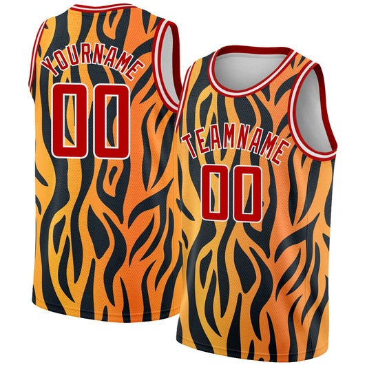 Custom Gold Red-Black 3D Pattern Design Tiger Prints Authentic Basketball Jersey - Main View