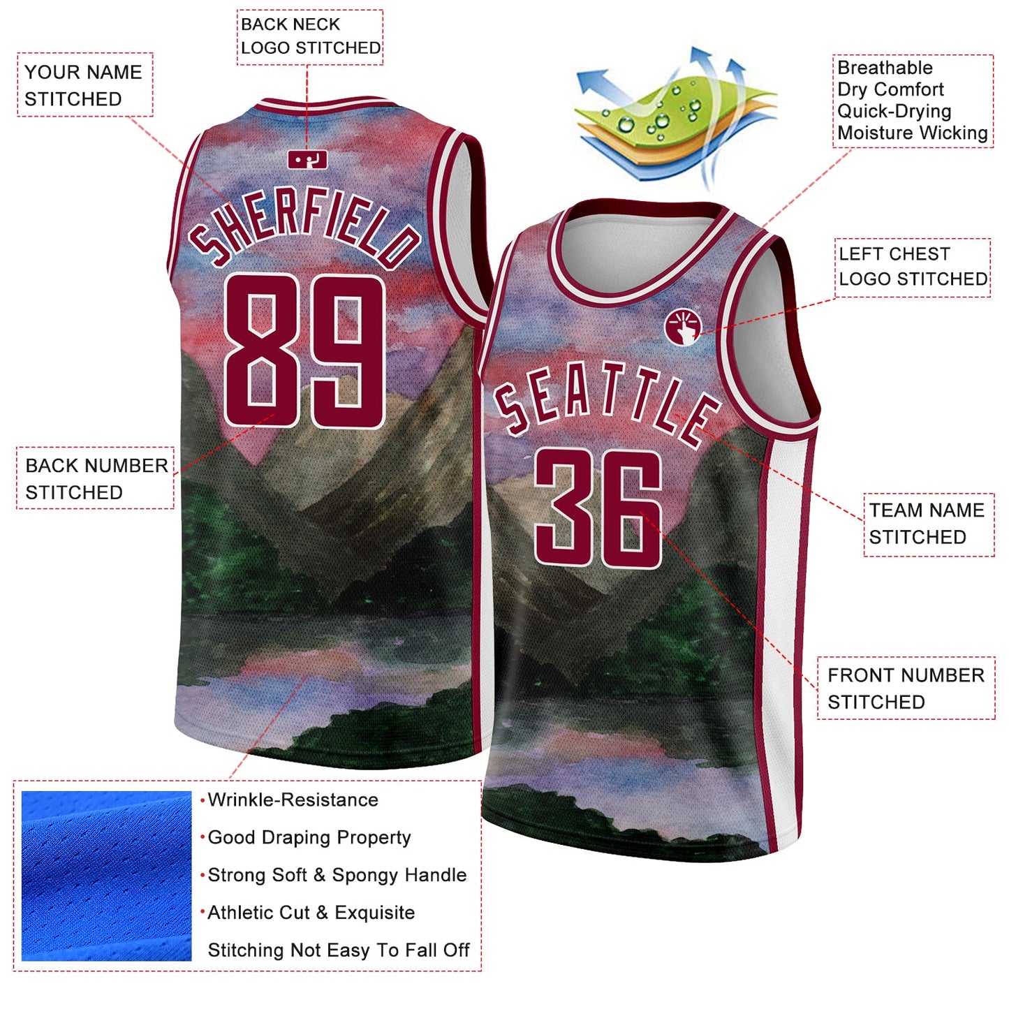 Custom White Maroon 3D Pattern Design Natural Landscape Watercolor Style Authentic Basketball Jersey view 2