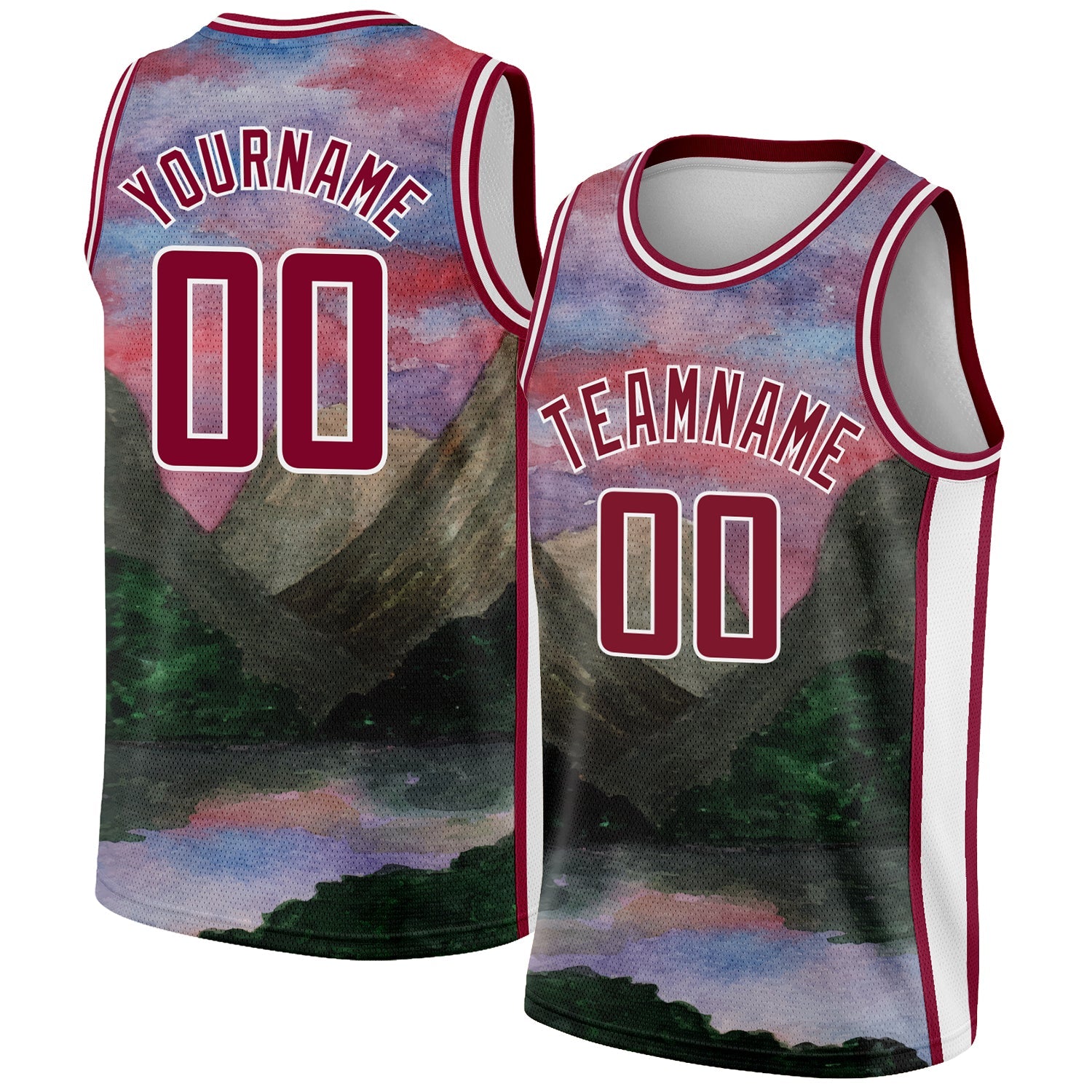 Custom White Maroon 3D Pattern Design Natural Landscape Watercolor Style Authentic Basketball Jersey - Main View