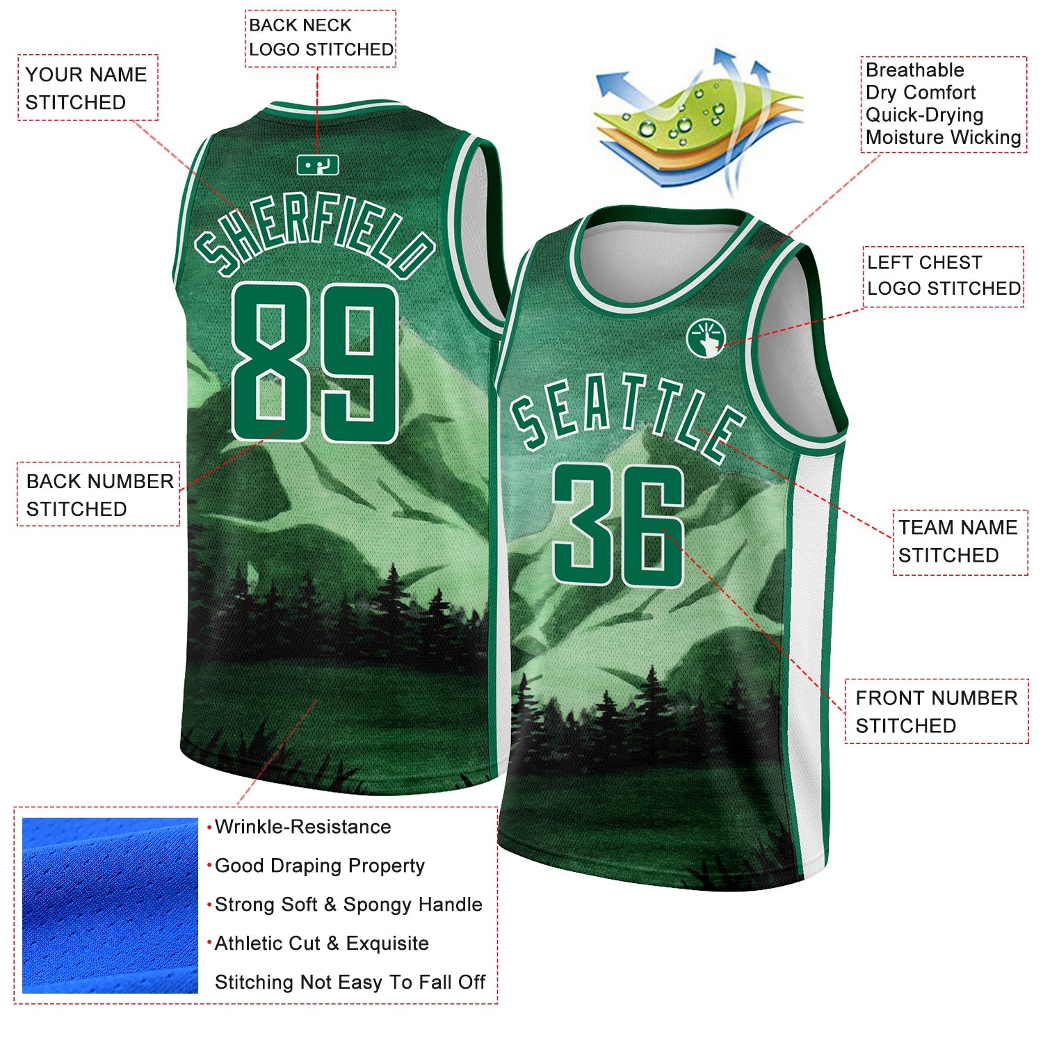 Custom Kelly Green White 3D Pattern Design Natural Landscape Watercolor Style Authentic Basketball Jersey view 2