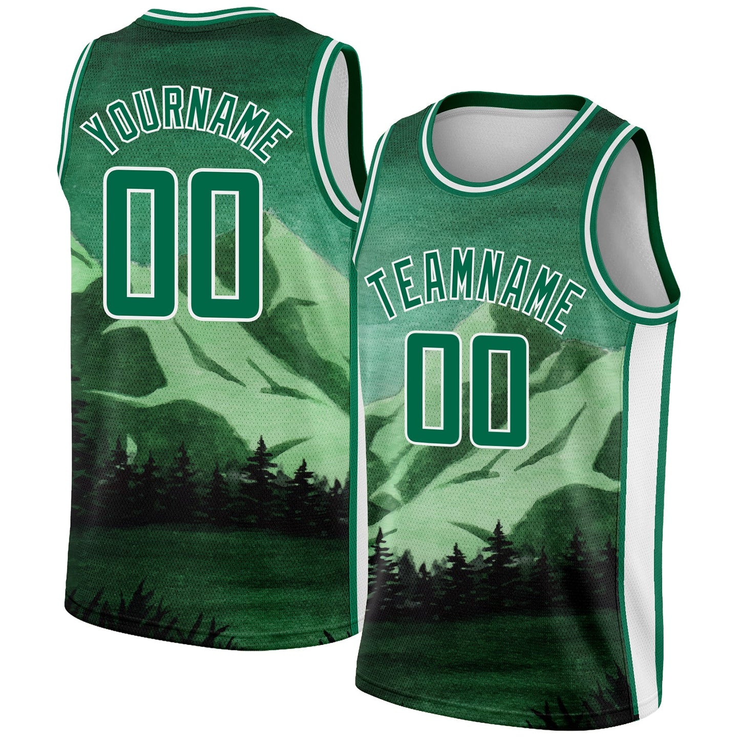 Custom Kelly Green White 3D Pattern Design Natural Landscape Watercolor Style Authentic Basketball Jersey - Main View
