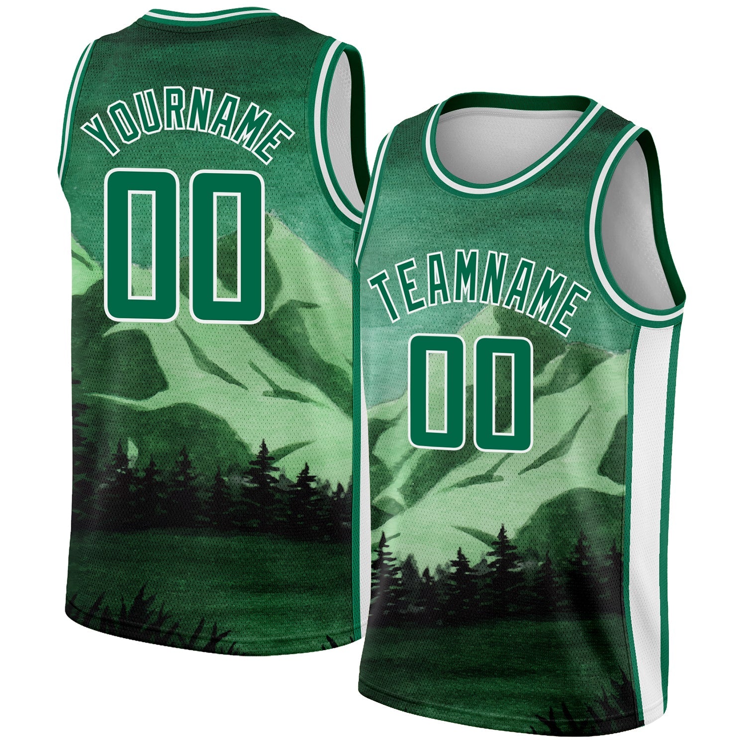 Custom Kelly Green White 3D Pattern Design Natural Landscape Watercolor Style Authentic Basketball Jersey - Main View