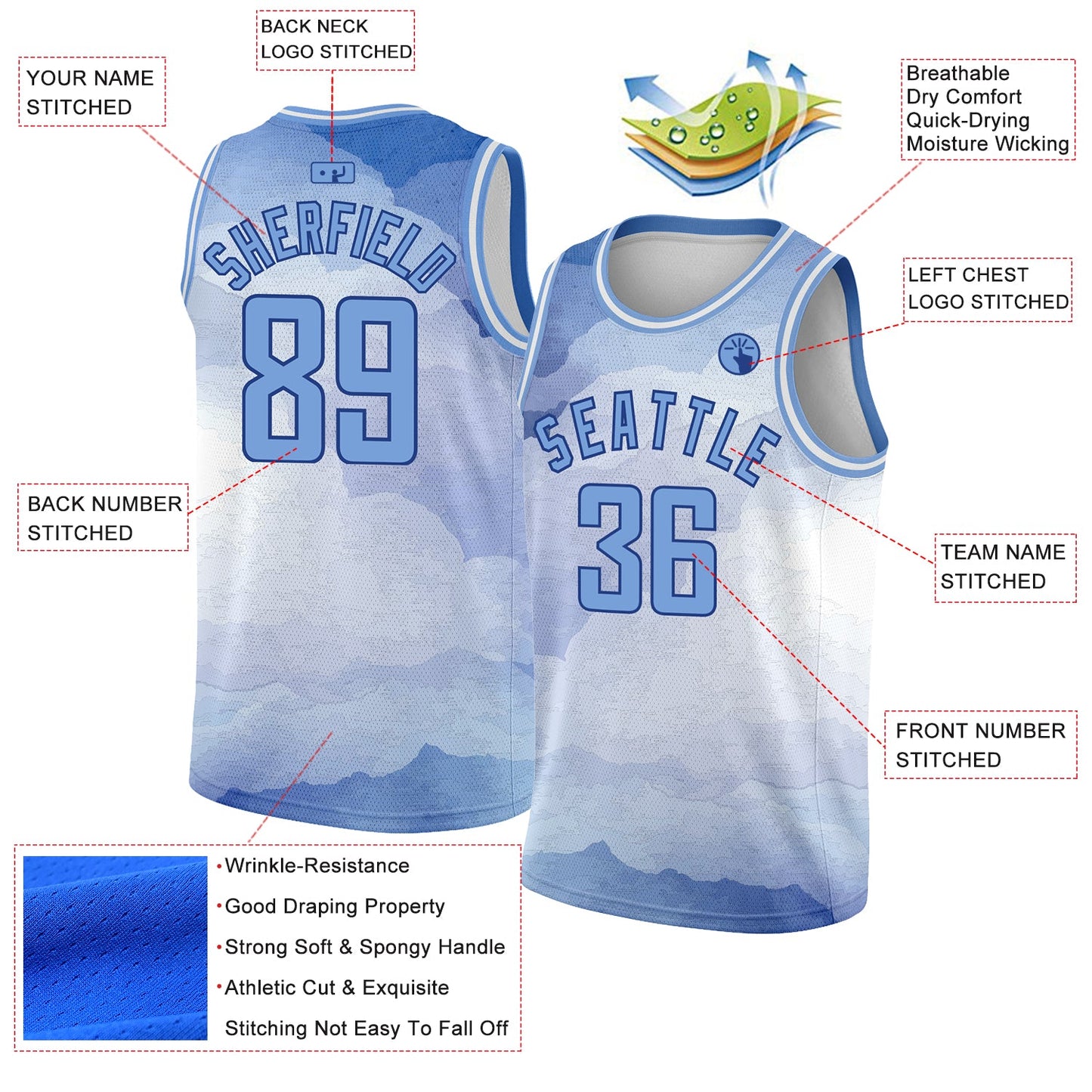 Custom White Light Blue-Royal 3D Pattern Design Sky With Clouds Watercolor Style Authentic Basketball Jersey view 2