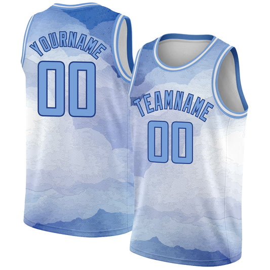 Custom White Light Blue-Royal 3D Pattern Design Sky With Clouds Watercolor Style Authentic Basketball Jersey - Main View