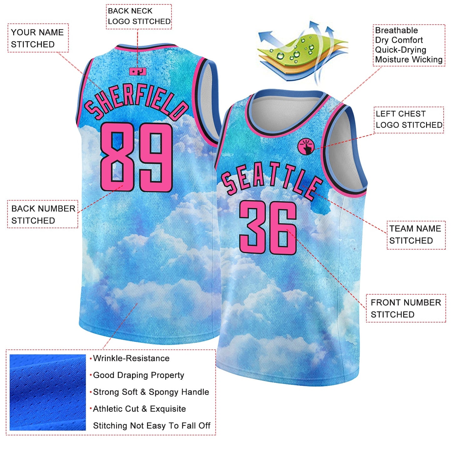 Custom Sky Blue Pink-Black 3D Pattern Design Sky With Clouds Watercolor Style Authentic Basketball Jersey view 2