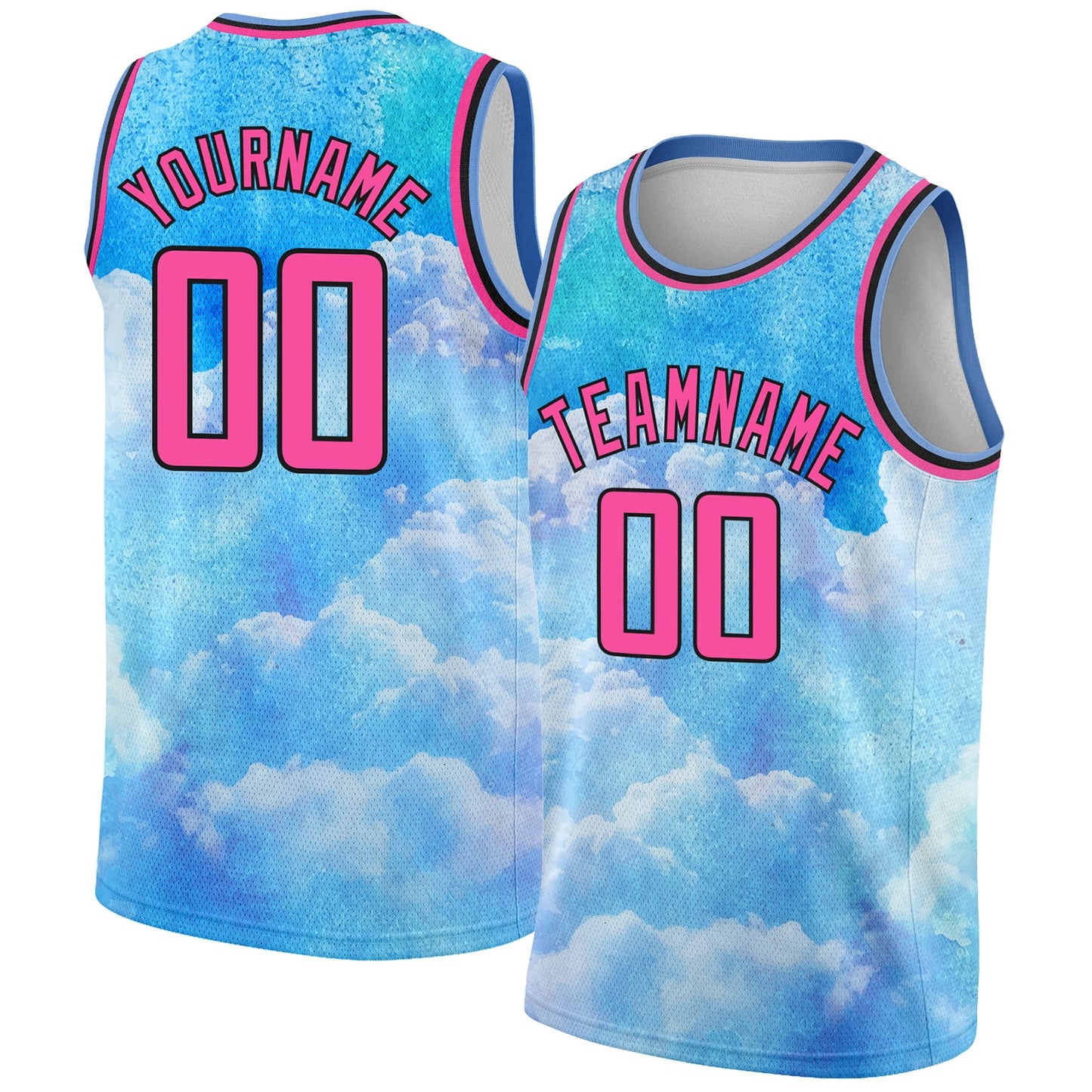 Custom Sky Blue Pink-Black 3D Pattern Design Sky With Clouds Watercolor Style Authentic Basketball Jersey - Main View