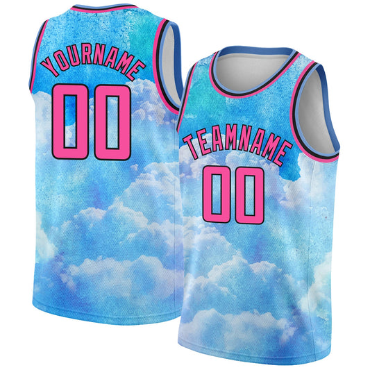 Custom Sky Blue Pink-Black 3D Pattern Design Sky With Clouds Watercolor Style Authentic Basketball Jersey - Main View