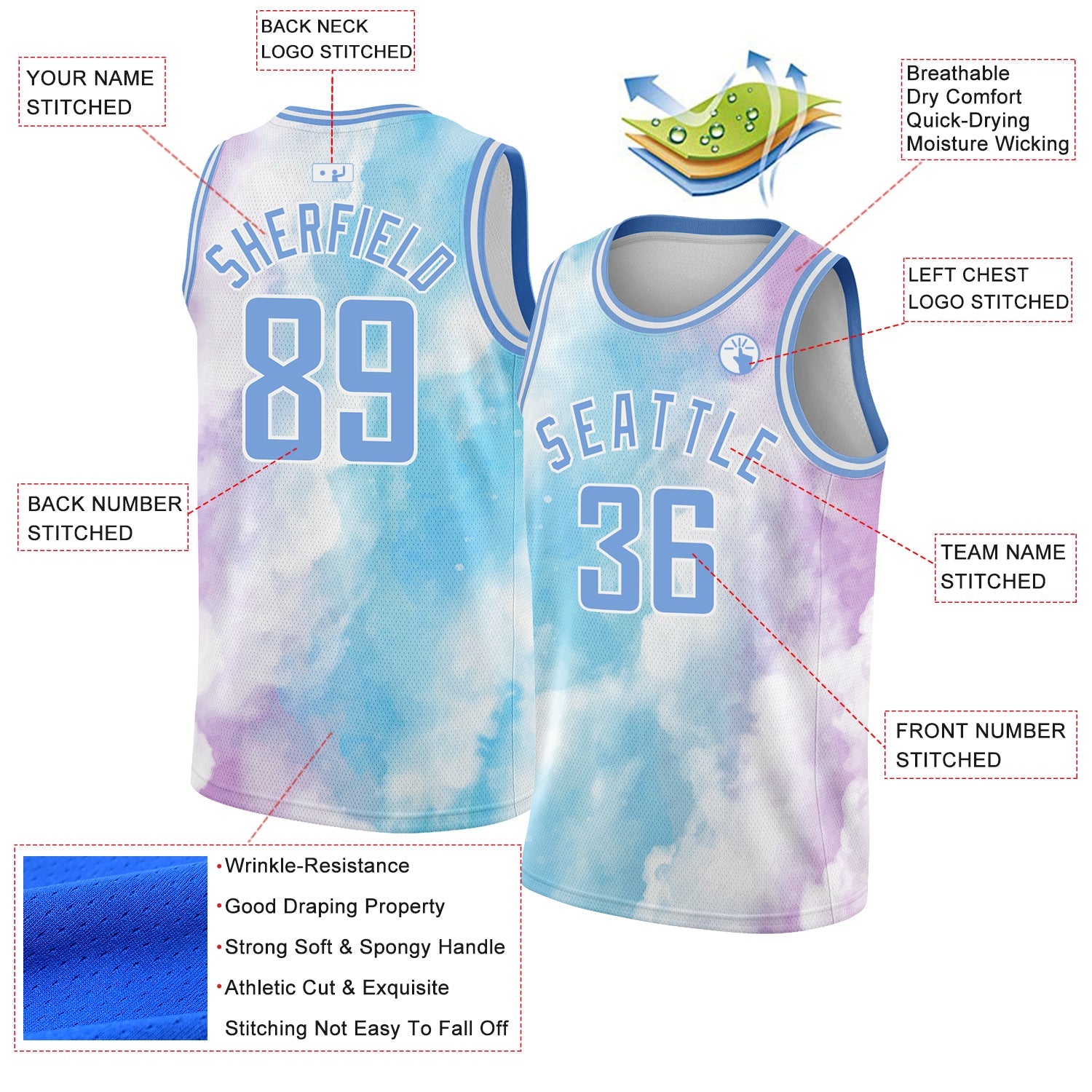 Custom White Light Blue-Purple 3D Pattern Design Sky With Clouds Watercolor Style Authentic Basketball Jersey view 2