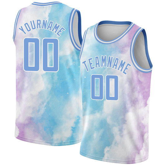 Custom White Light Blue-Purple 3D Pattern Design Sky With Clouds Watercolor Style Authentic Basketball Jersey - Main View