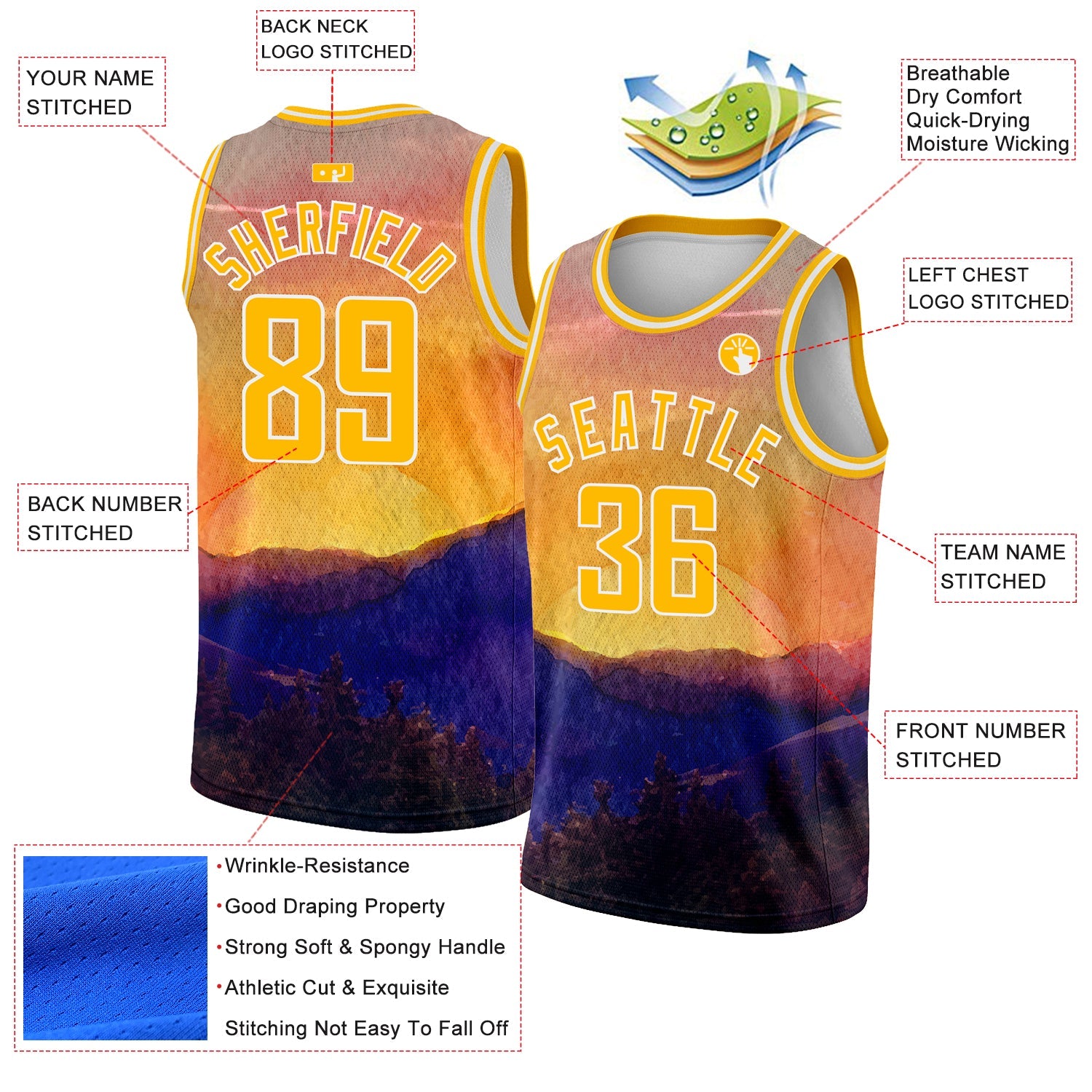 Custom Gold White 3D Pattern Design Landscape At Sunset Watercolor Style Authentic Basketball Jersey view 2