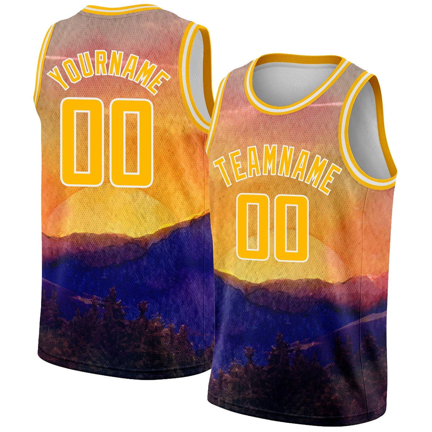 Custom Gold White 3D Pattern Design Landscape At Sunset Watercolor Style Authentic Basketball Jersey - Main View