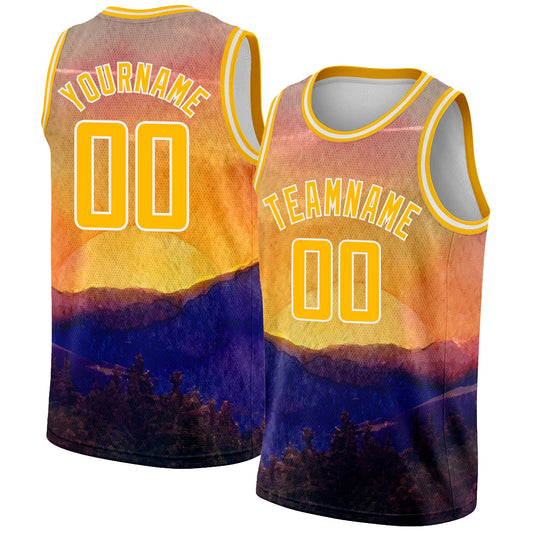 Custom Gold White 3D Pattern Design Landscape At Sunset Watercolor Style Authentic Basketball Jersey - Main View