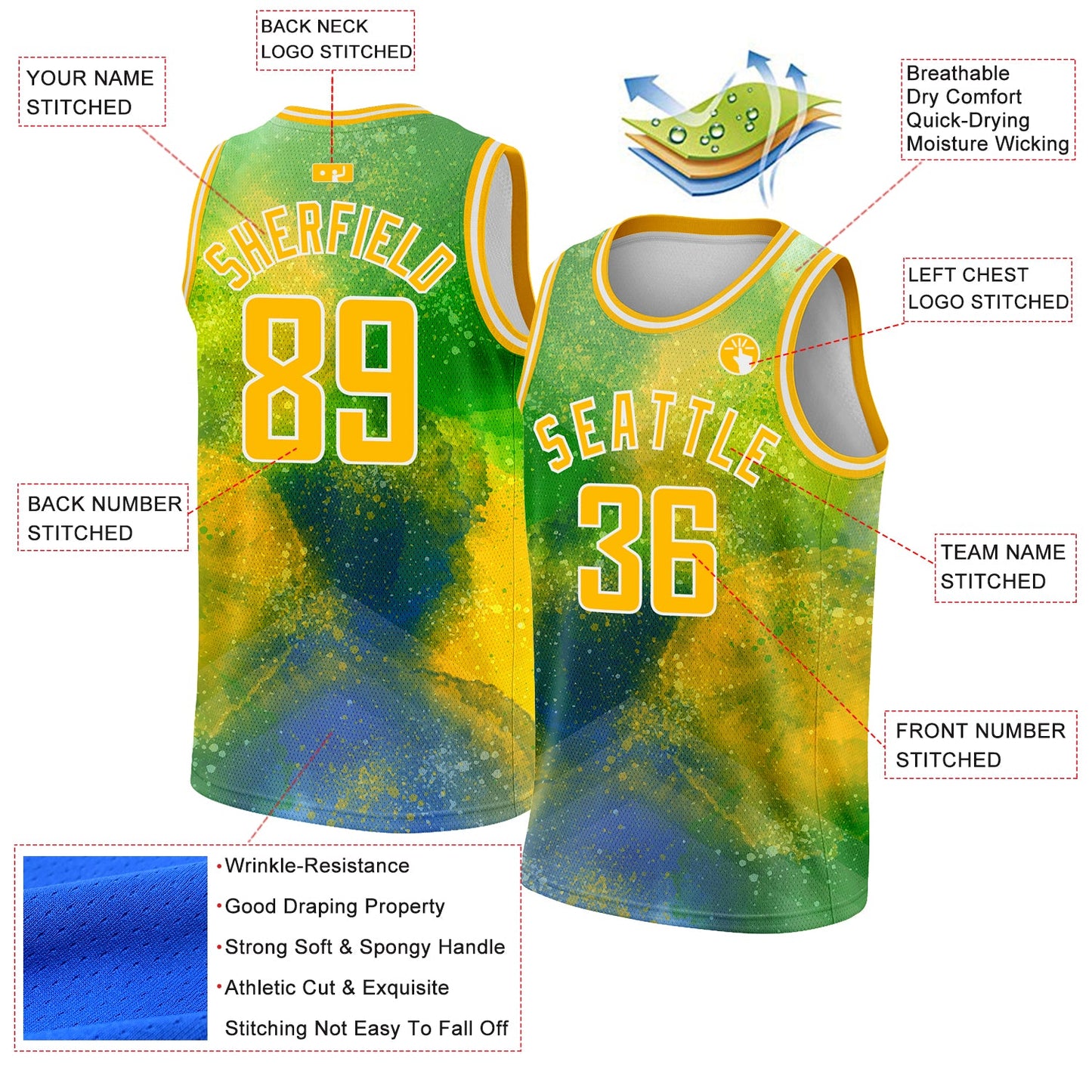 Custom Neon Green Gold-White 3D Pattern Design Abstract Psychedelic Liquid Authentic Basketball Jersey view 2