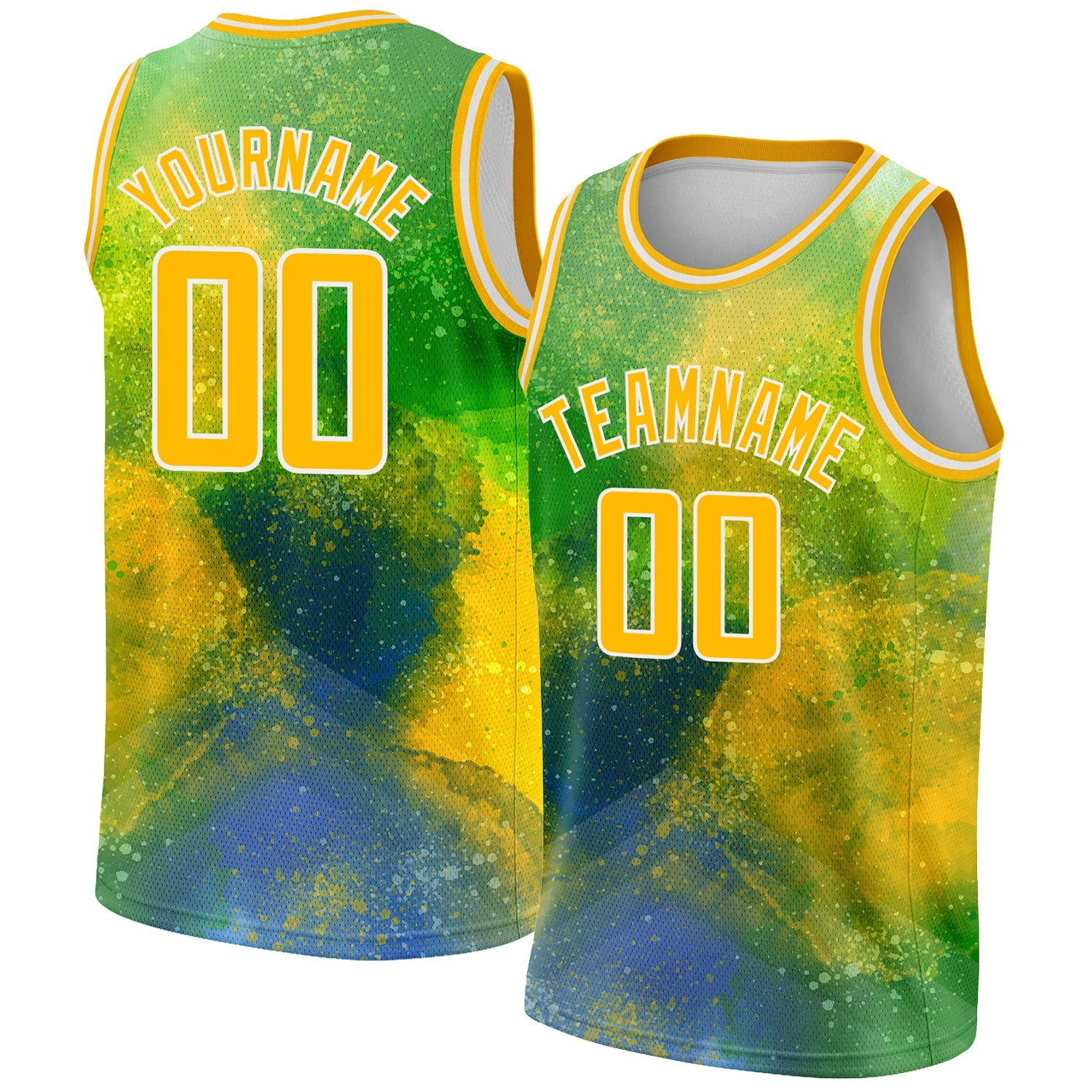 Custom Neon Green Gold-White 3D Pattern Design Abstract Psychedelic Liquid Authentic Basketball Jersey - Main View
