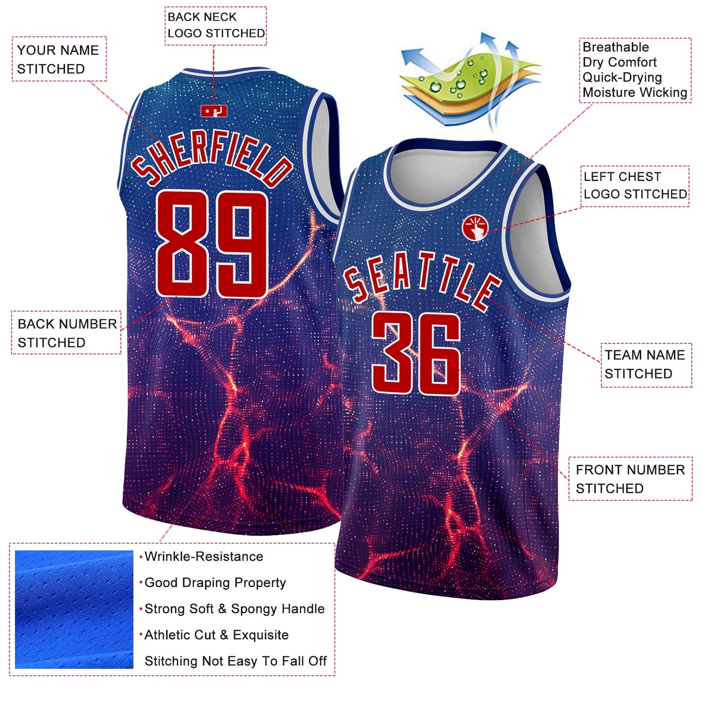 Custom Royal White-Red 3D Pattern Design Abstract Violet Wave Authentic Basketball Jersey view 2