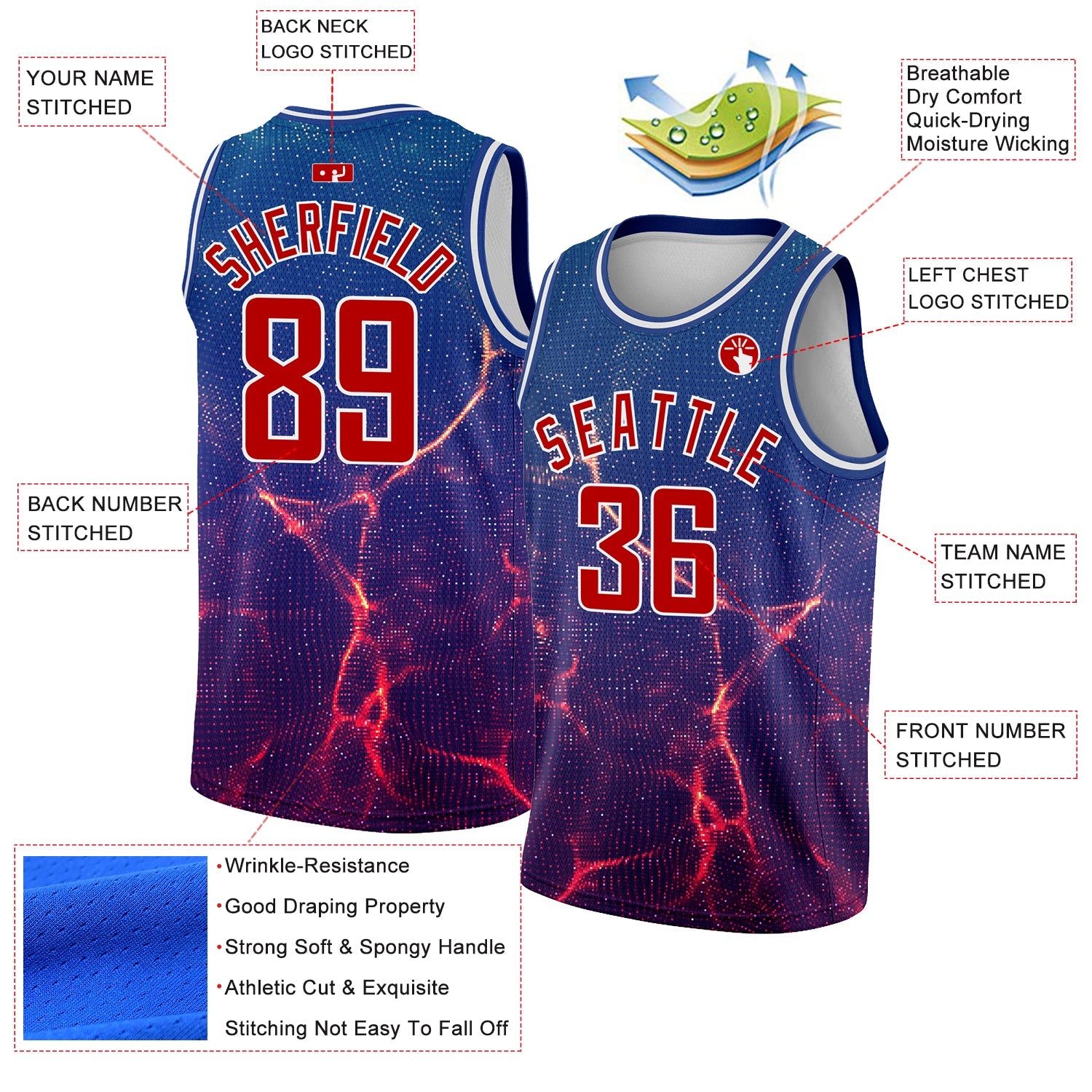 Custom Royal White-Red 3D Pattern Design Abstract Violet Wave Authentic Basketball Jersey view 2