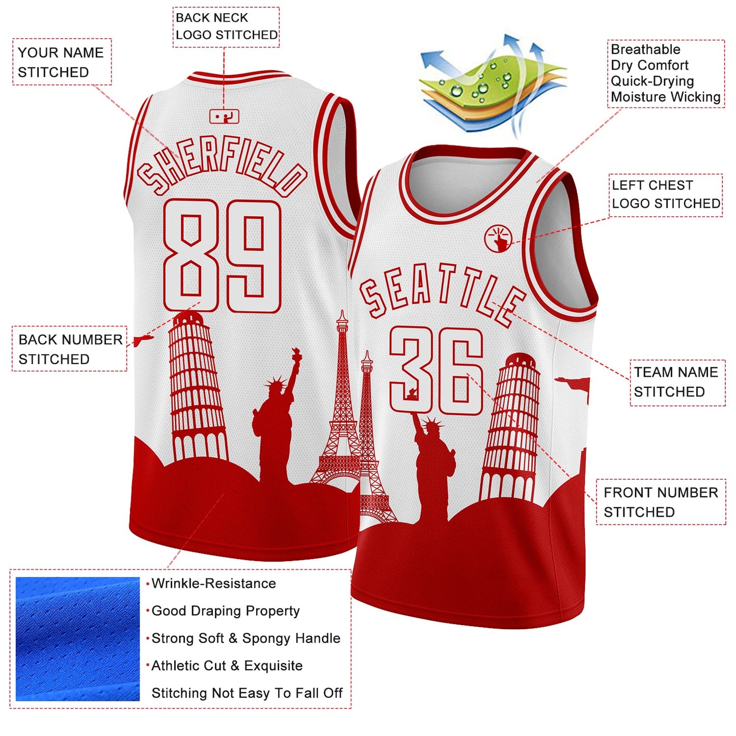 Custom White Red Holiday Travel Monuments Silhouette Authentic City Edition Basketball Jersey view 2